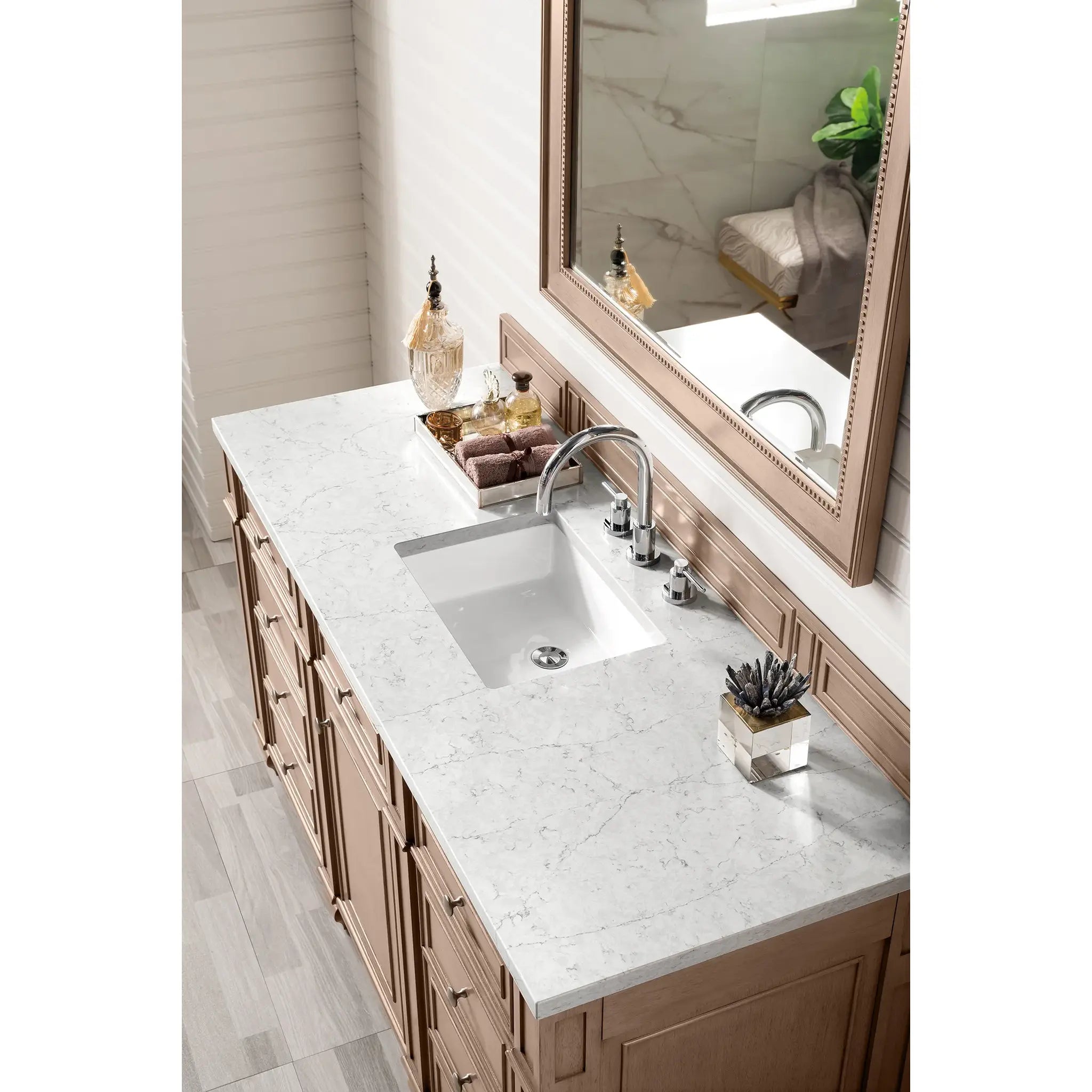 Bristol 60" Single Vanity Whitewashed Walnut Wireless Charger-Eternal Jasmine Pearl Silestone-8" Widespread image 5