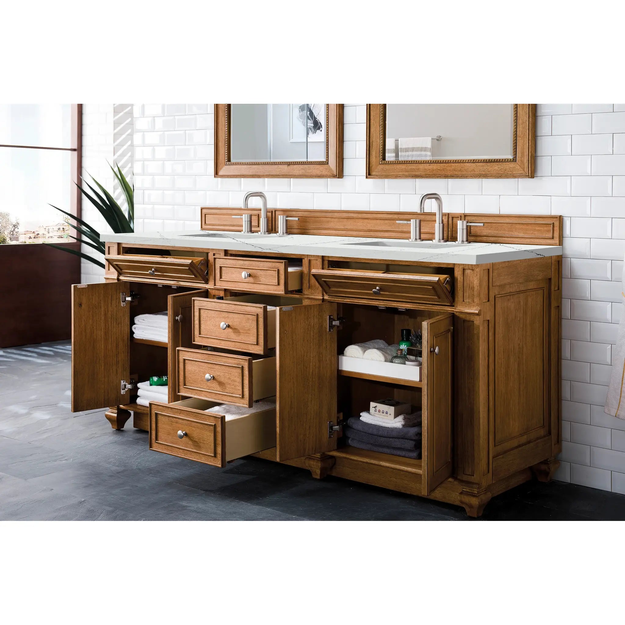 Bristol 72" Double Vanity in Saddle Brown w/FreePower Wireless Charger-Ethereal Noctis Silestone-8" Widespread image 6
