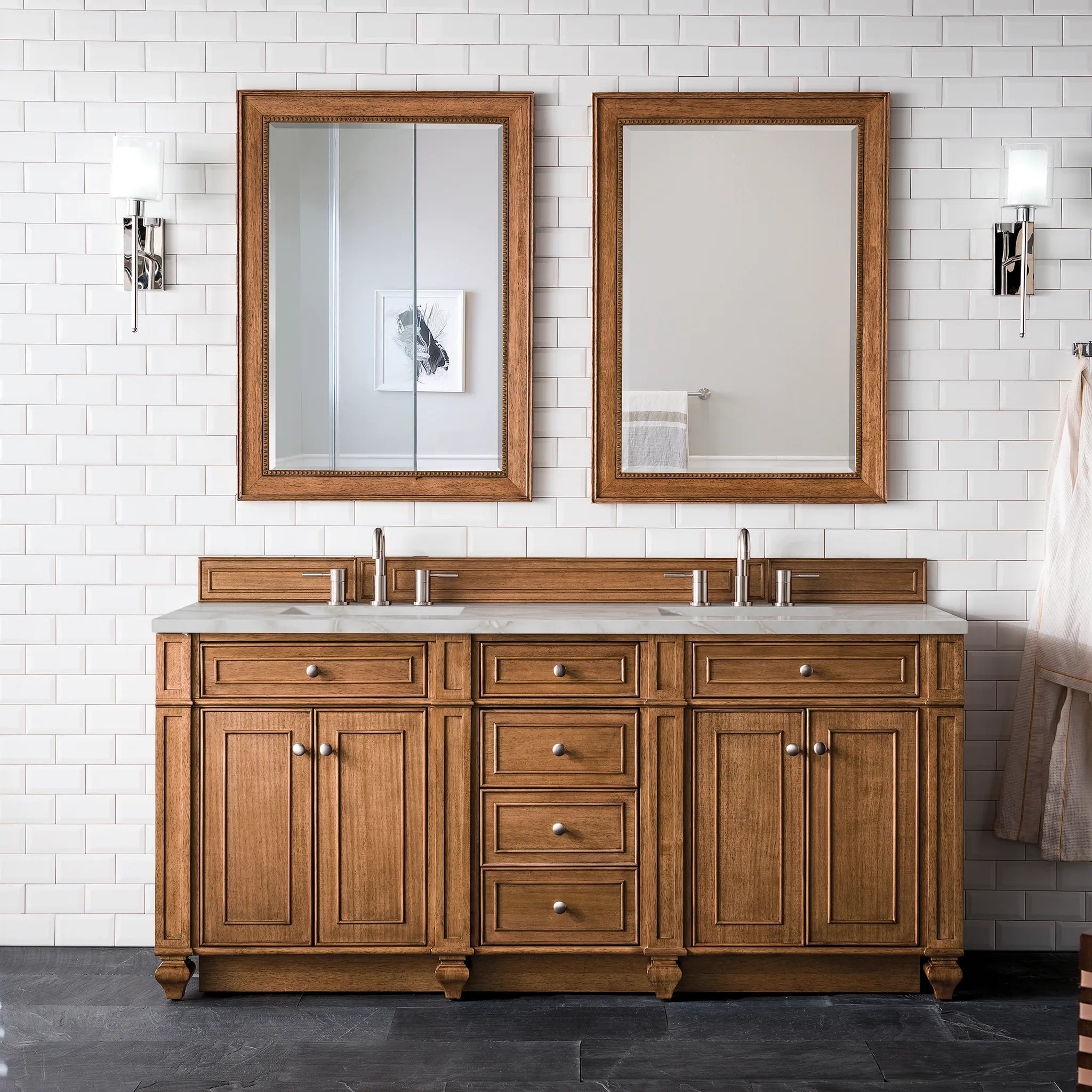 Bristol 72" Double Vanity in Saddle Brown w/FreePower Wireless Charger-Victorian Silver Silestone-8" Widespread image 4