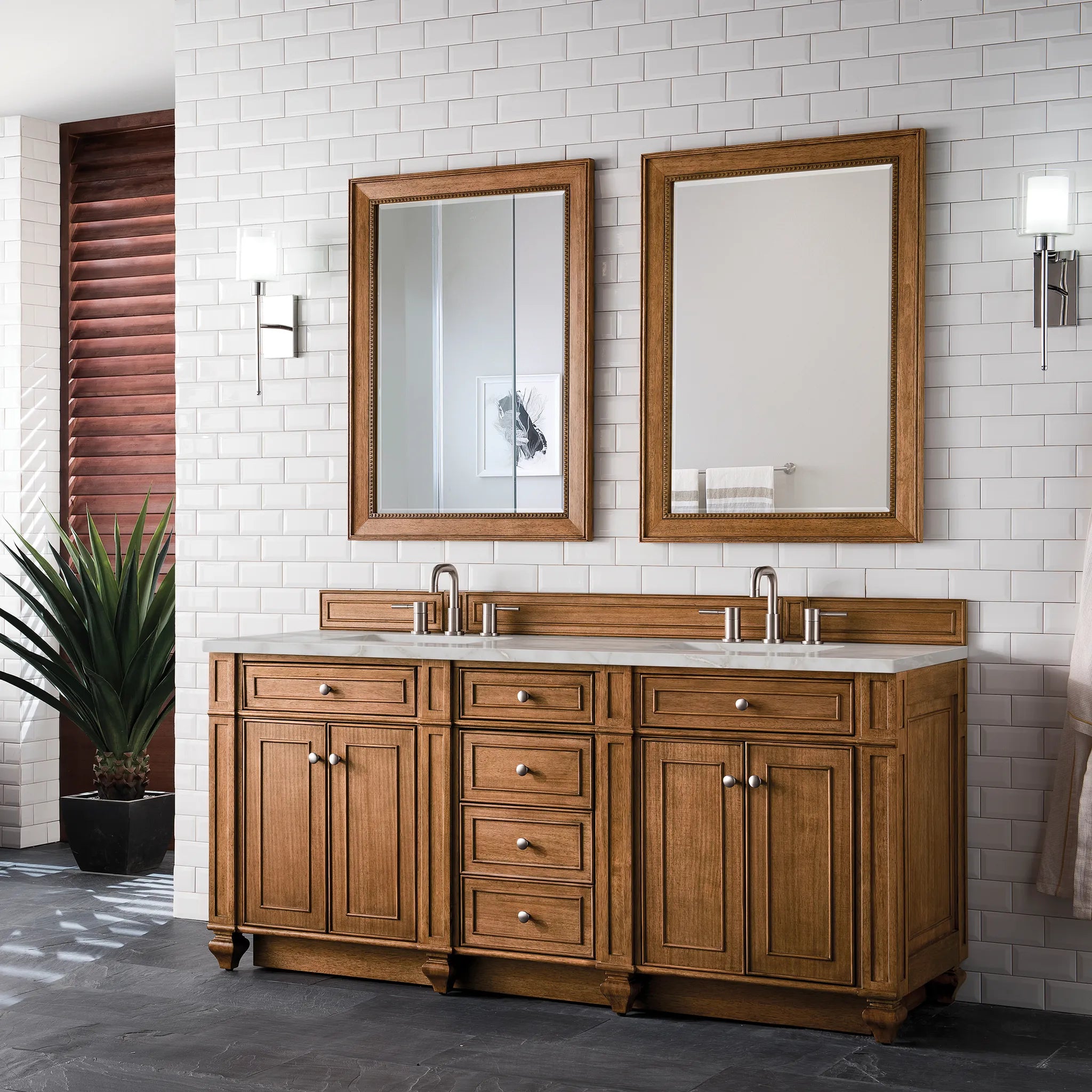 Bristol 72" Double Vanity in Saddle Brown w/FreePower Wireless Charger-Victorian Silver Silestone-8" Widespread image 5