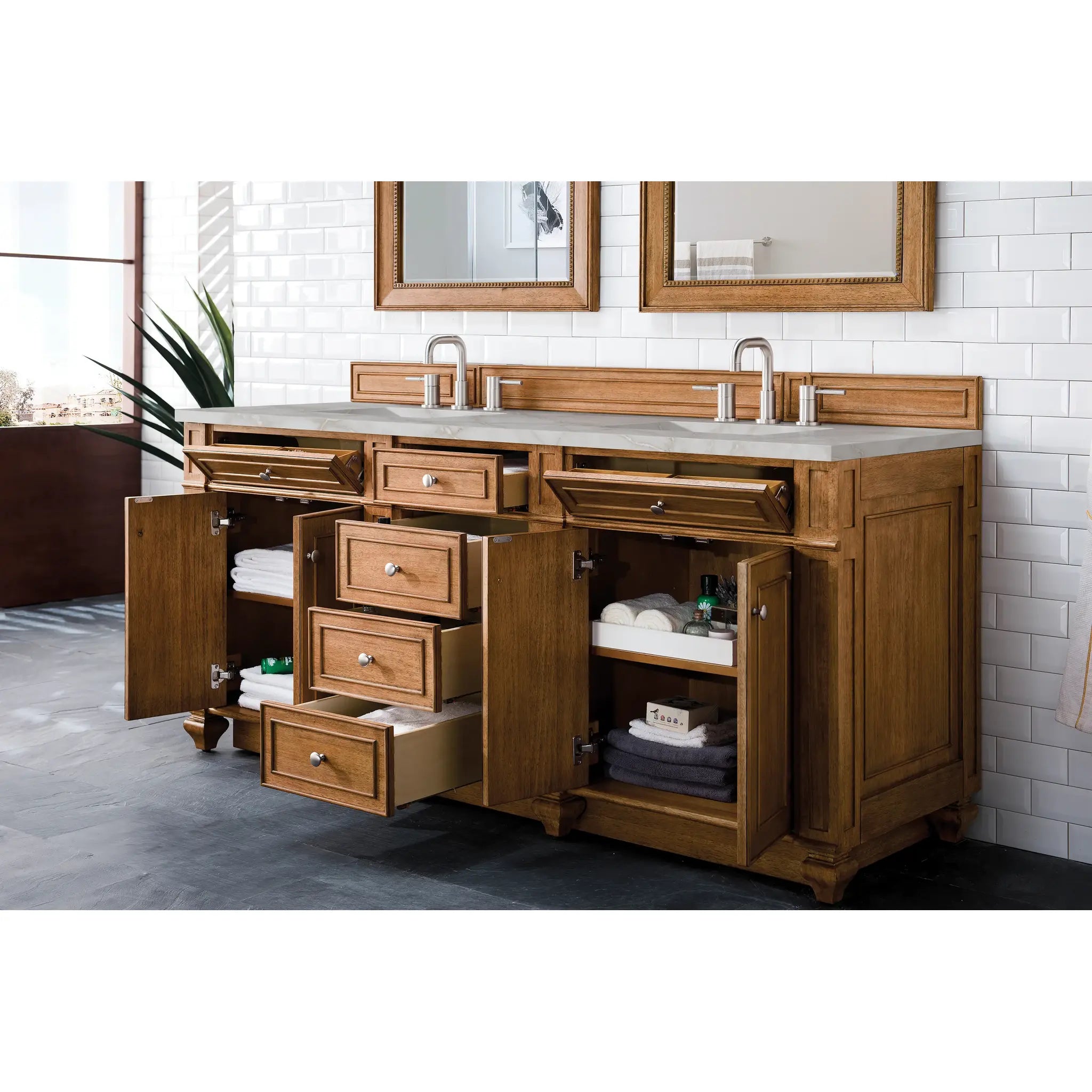 Bristol 72" Double Vanity in Saddle Brown w/FreePower Wireless Charger-Victorian Silver Silestone-8" Widespread image 6