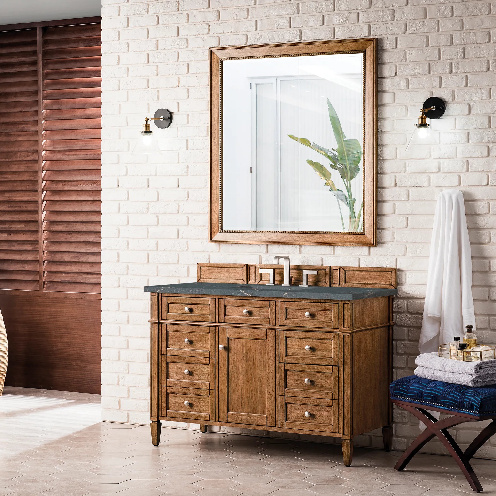 Brittany 48" Single Vanity in Saddle Brown w/FreePower Wireless Charger-Parisien Bleu Silestone-8" Widespread image 5