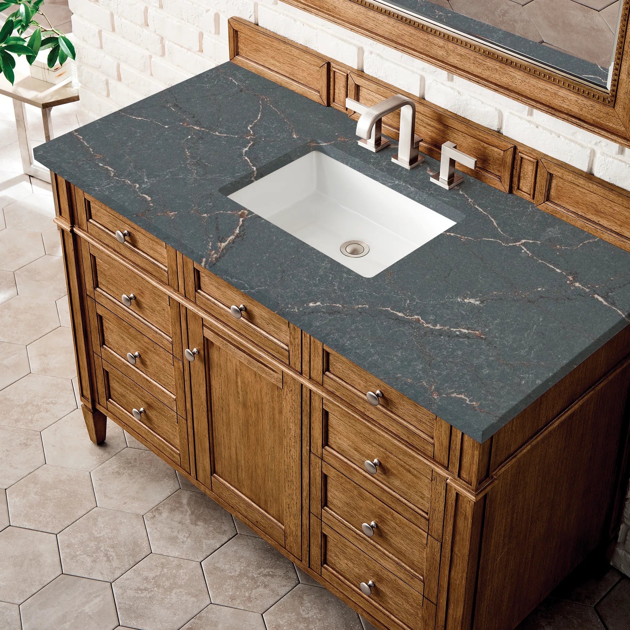 Brittany 48" Single Vanity in Saddle Brown w/FreePower Wireless Charger-Parisien Bleu Silestone-8" Widespread image 7