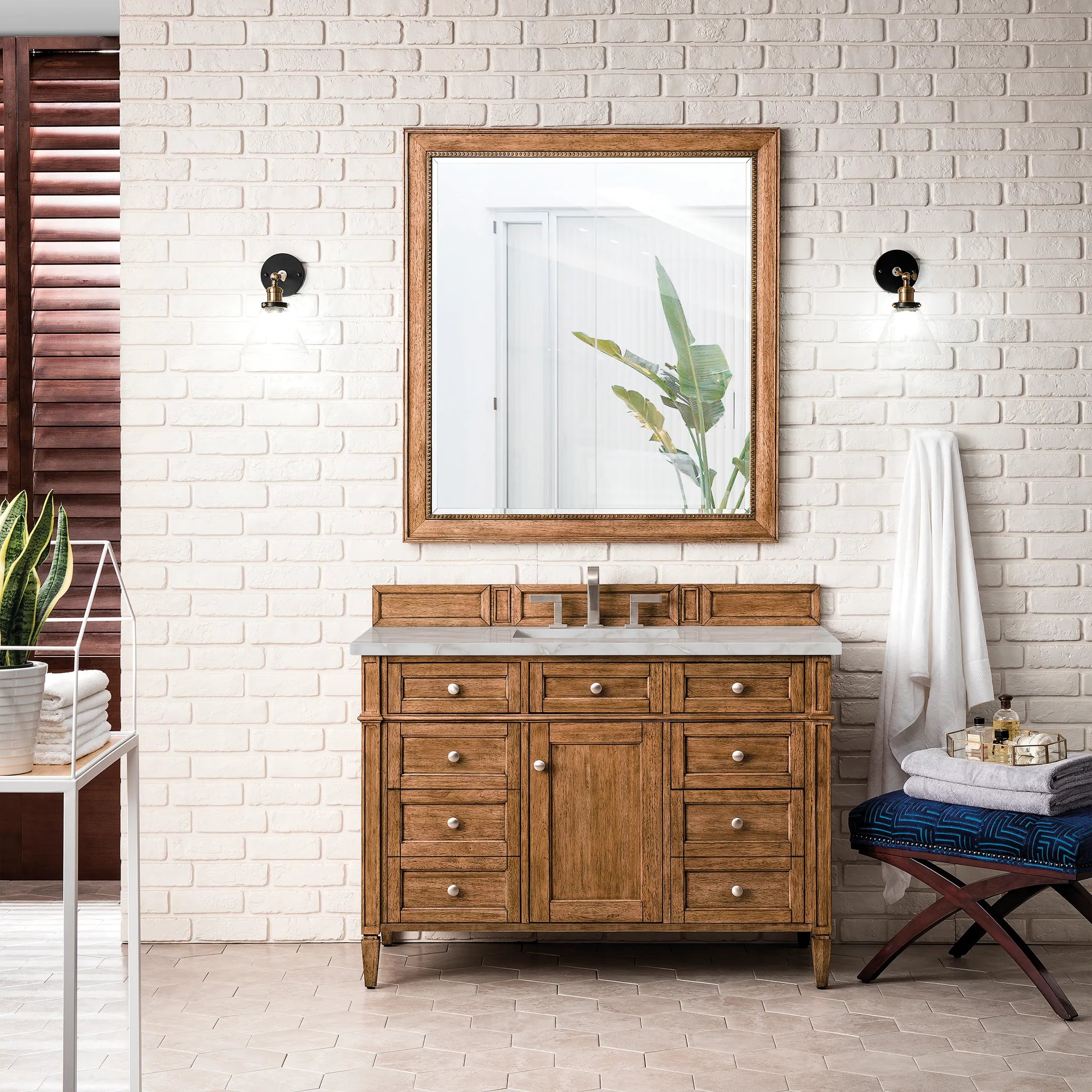 Brittany 48" Single Vanity in Saddle Brown w/FreePower Wireless Charger-Victorian Silver Silestone-8" Widespread image 4