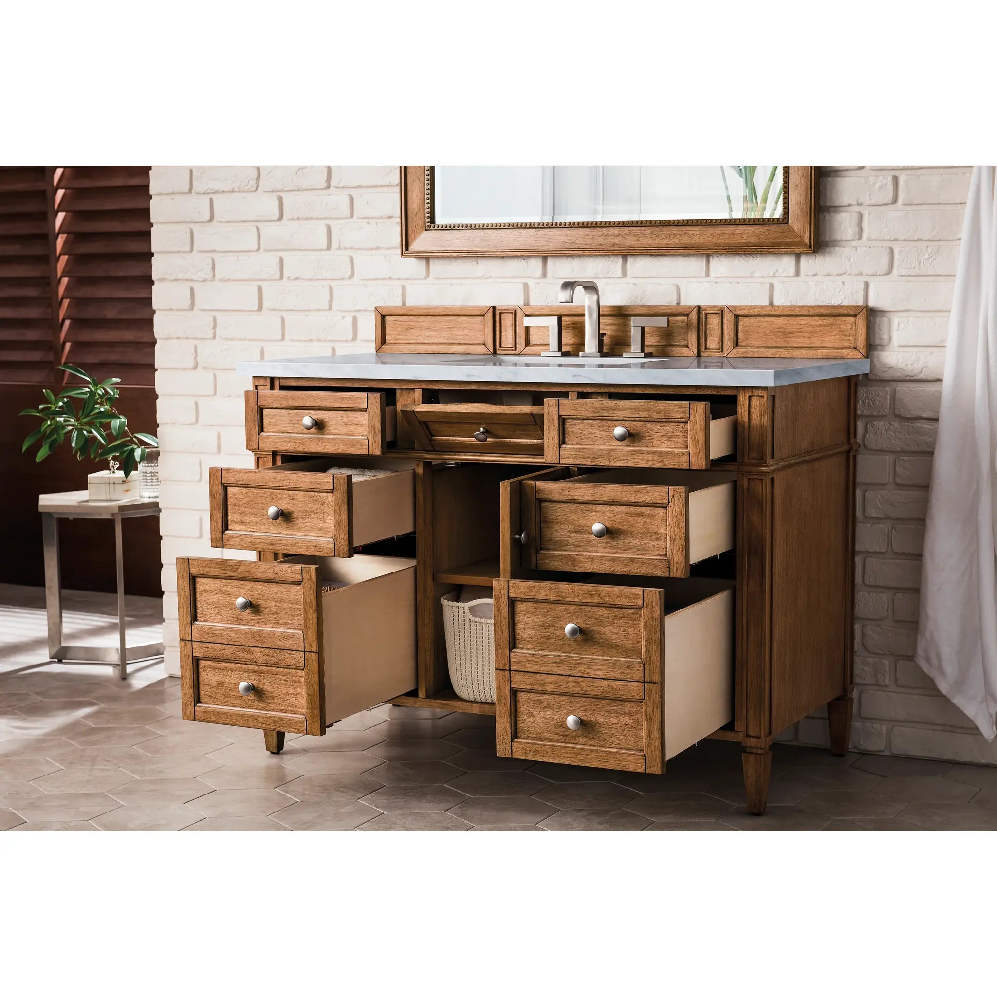 Brittany 48" Single Vanity in Saddle Brown Wireless Charger-Eternal Jasmine Pearl Silestone-8" Widespread image 6
