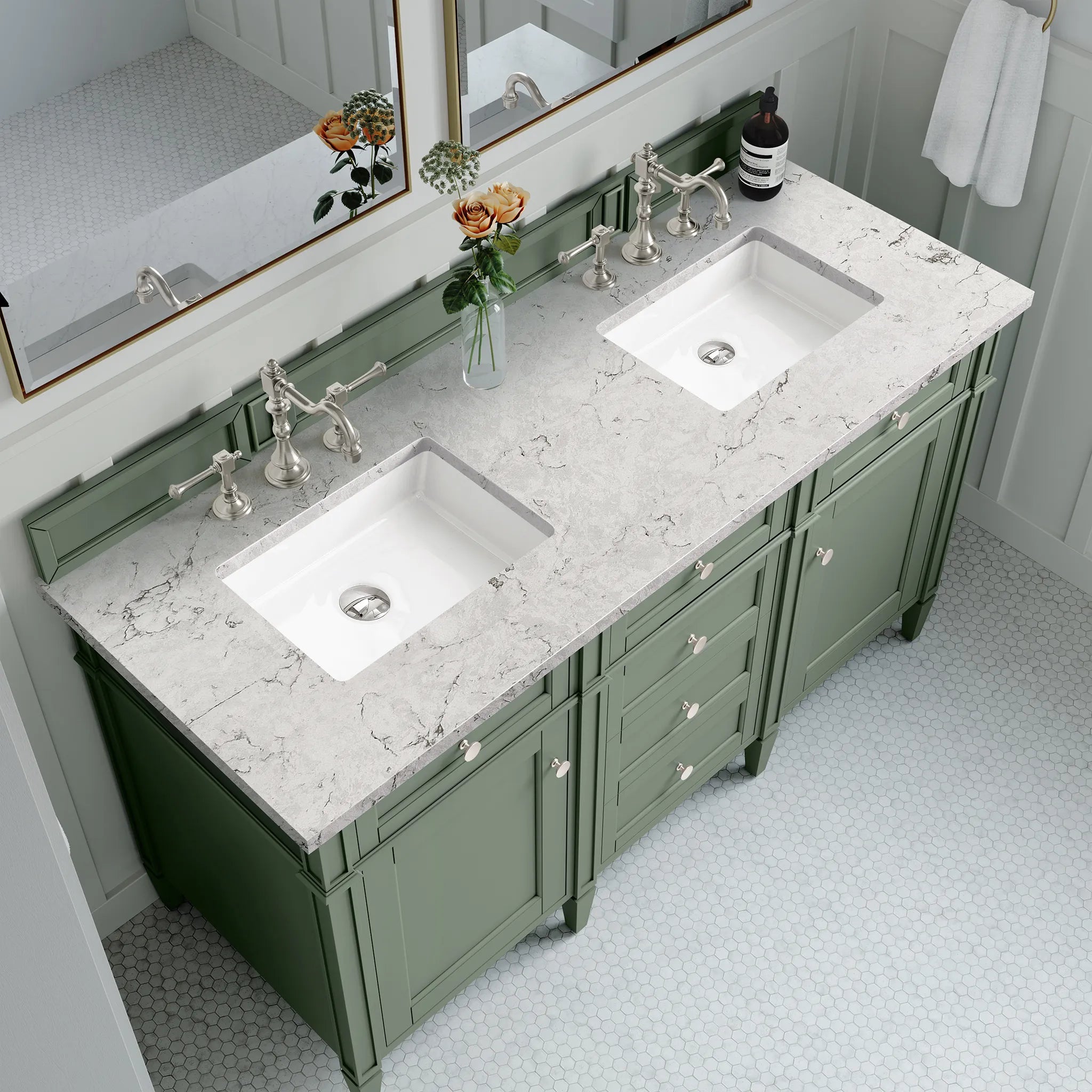 Brittany 60" Double Vanity in Smokey Celadon Wireless Charger-Eternal Jasmine Pearl Silestone-8" Widespread image 8