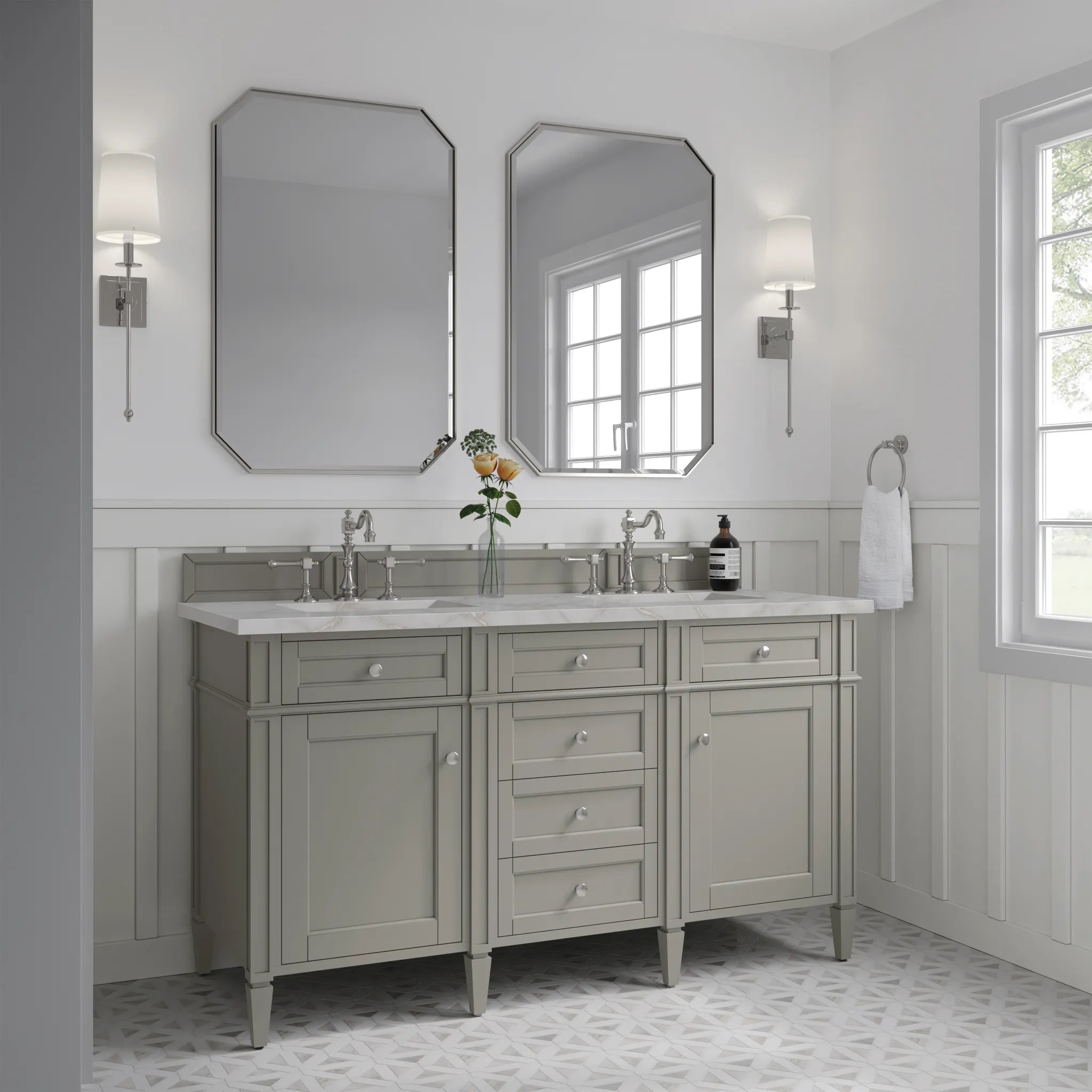 Brittany 60" Double Vanity in Urban Gray w/FreePower Wireless Charger-Victorian Silver Silestone-8" Widespread image 5