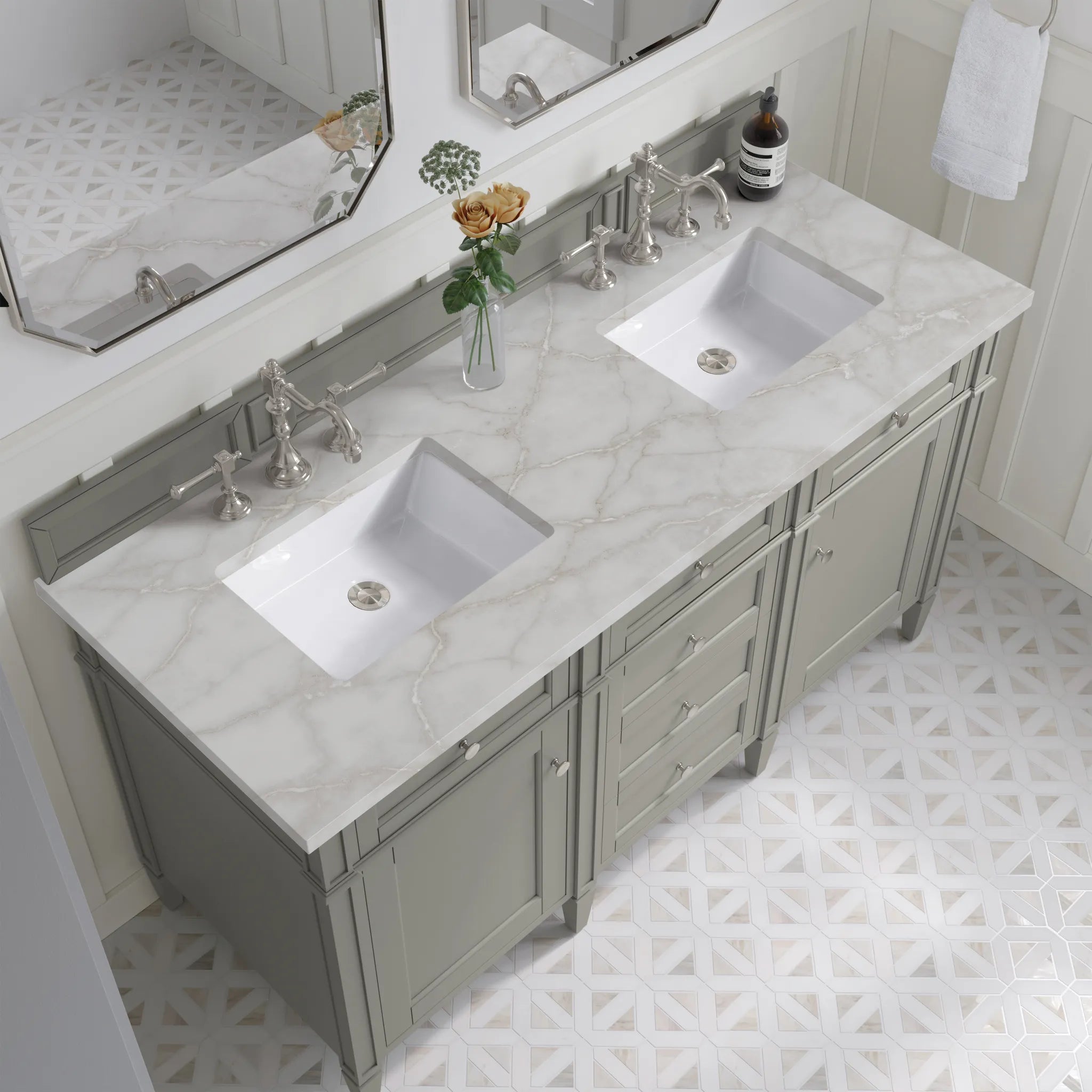 Brittany 60" Double Vanity in Urban Gray w/FreePower Wireless Charger-Victorian Silver Silestone-8" Widespread image 8