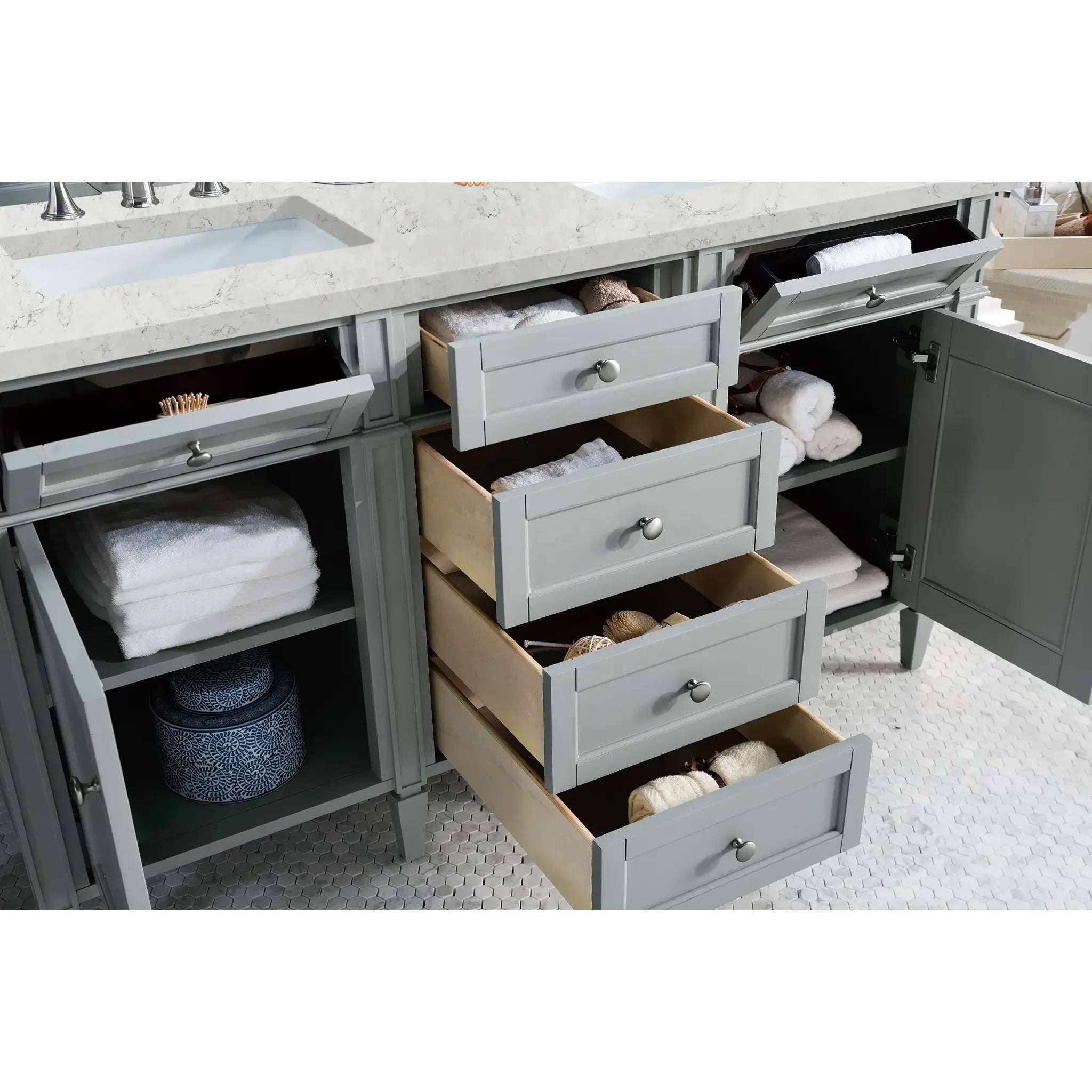 Brittany 60" Double Vanity in Urban Gray Wireless Charger-Eternal Jasmine Pearl Silestone-8" Widespread image 6