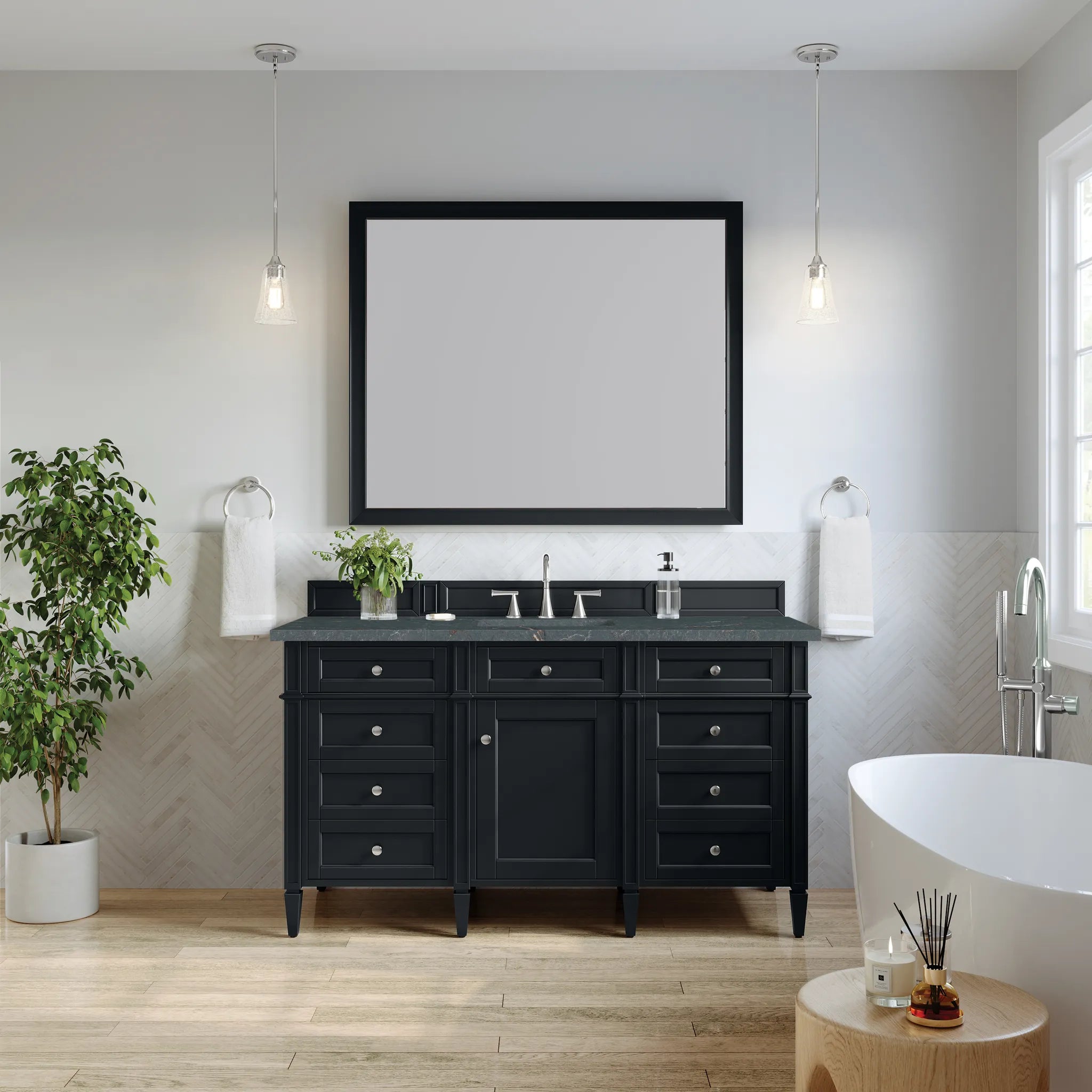 Brittany 60" Single Vanity in Black Onyx w/FreePower Wireless Charger-Parisien Bleu Silestone-8" Widespread image 4
