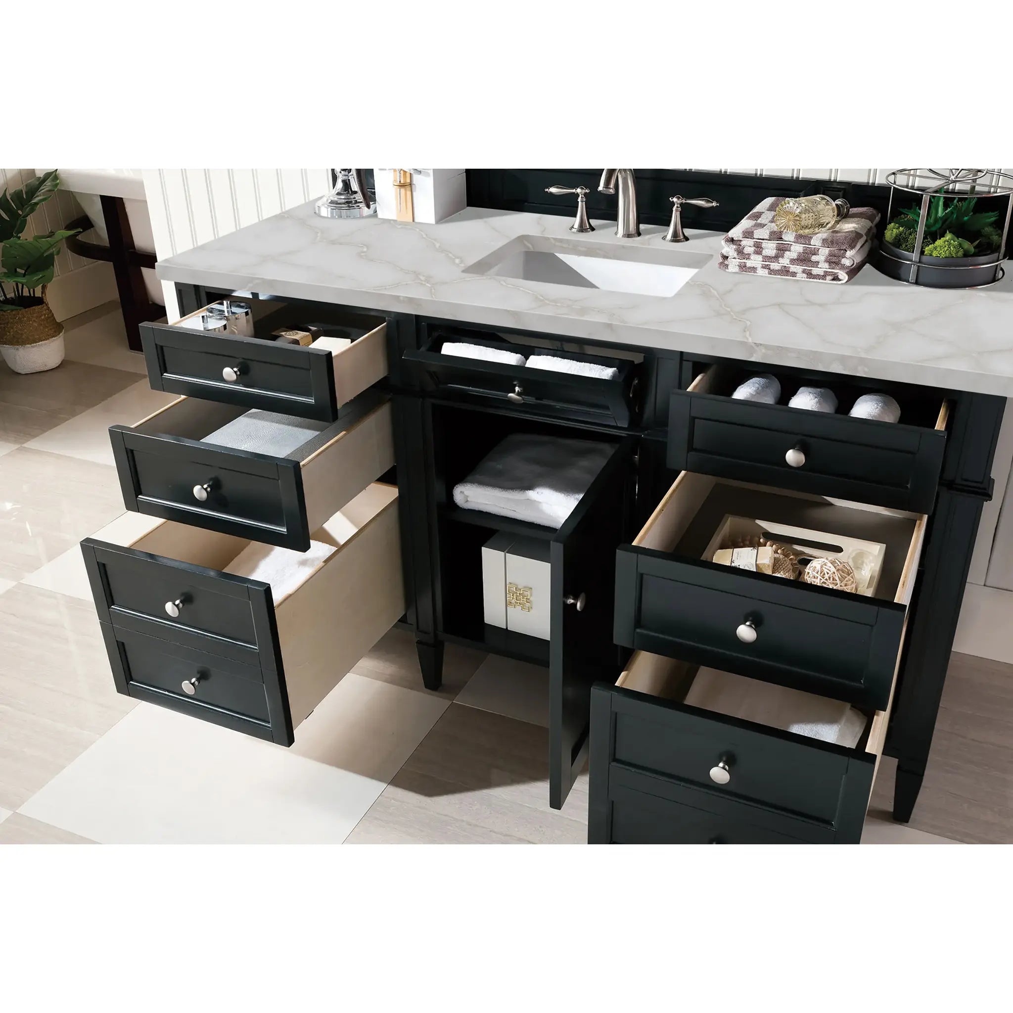 Brittany 60" Single Vanity in Black Onyx w/FreePower Wireless Charger-Victorian Silver Silestone-8" Widespread image 6