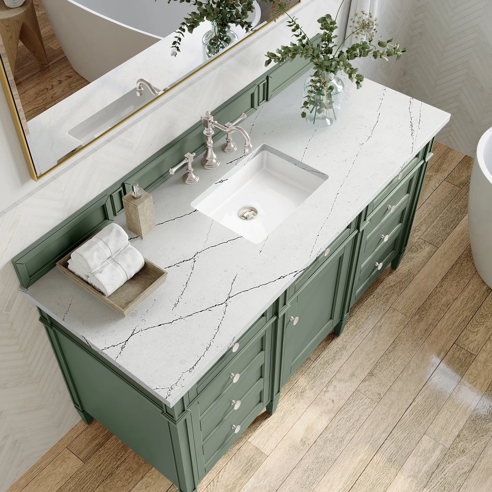 Brittany 60" Single Vanity in Smokey Celadon w/FreePower Wireless Charger-Ethereal Noctis Silestone-8" Widespread image 7