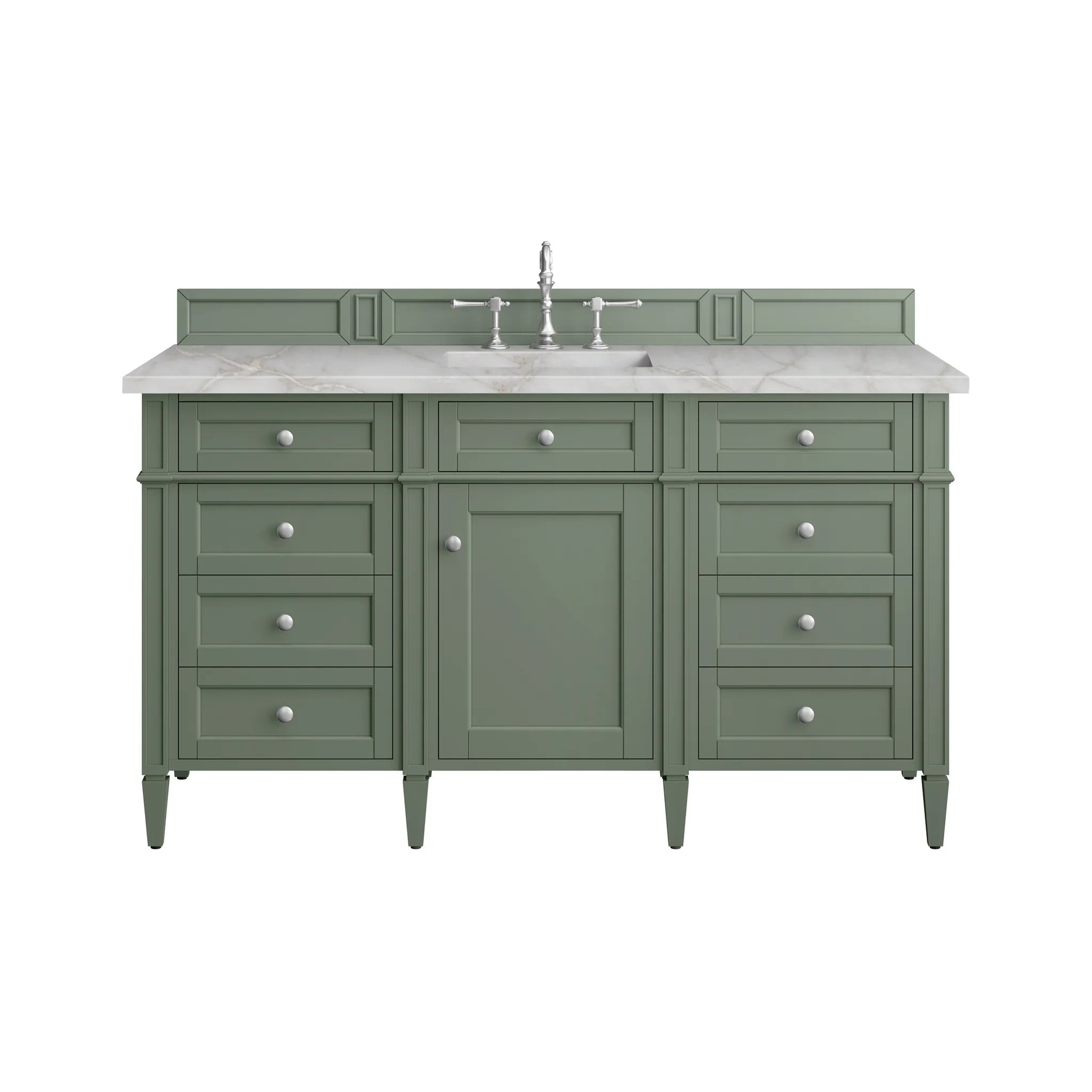Brittany 60" Single Vanity in Smokey Celadon w/FreePower Wireless Charger-Victorian Silver Silestone-8" Widespread image