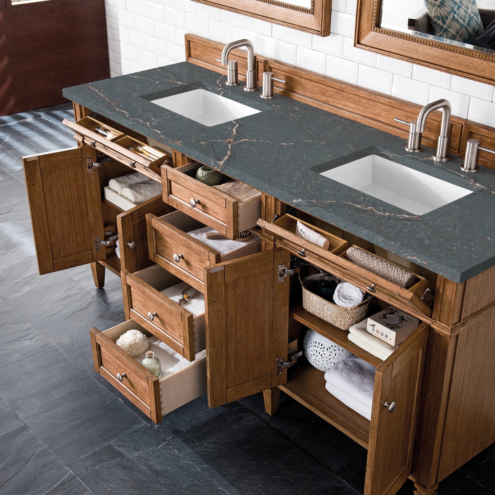 Brittany 72" Double Vanity in Saddle Brown w/FreePower Wireless Charger-Parisien Bleu Silestone-8" Widespread image 6