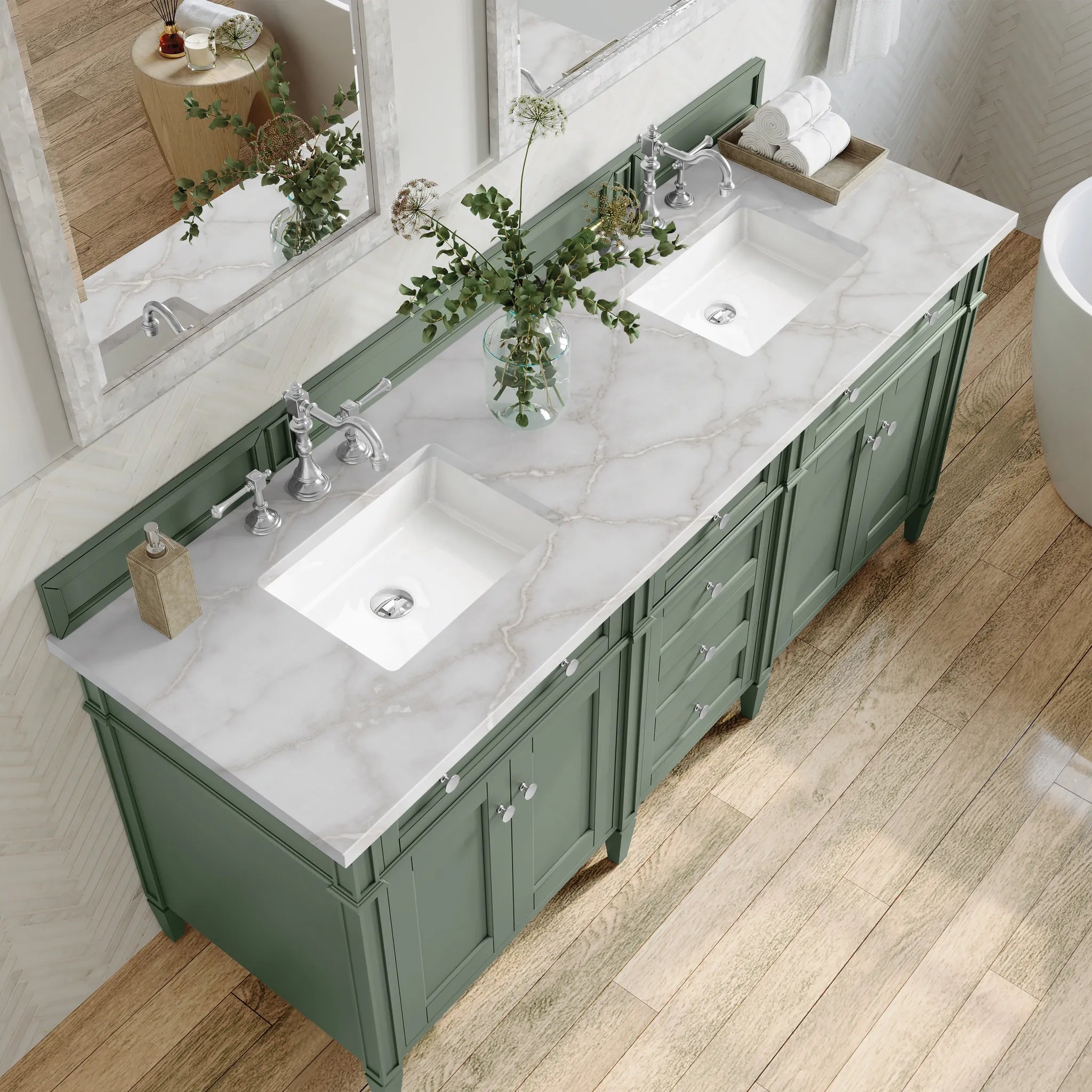 Brittany 72" Double Vanity in Smokey Celadon w/FreePower Wireless Charger-Victorian Silver Silestone-8" Widespread image 7