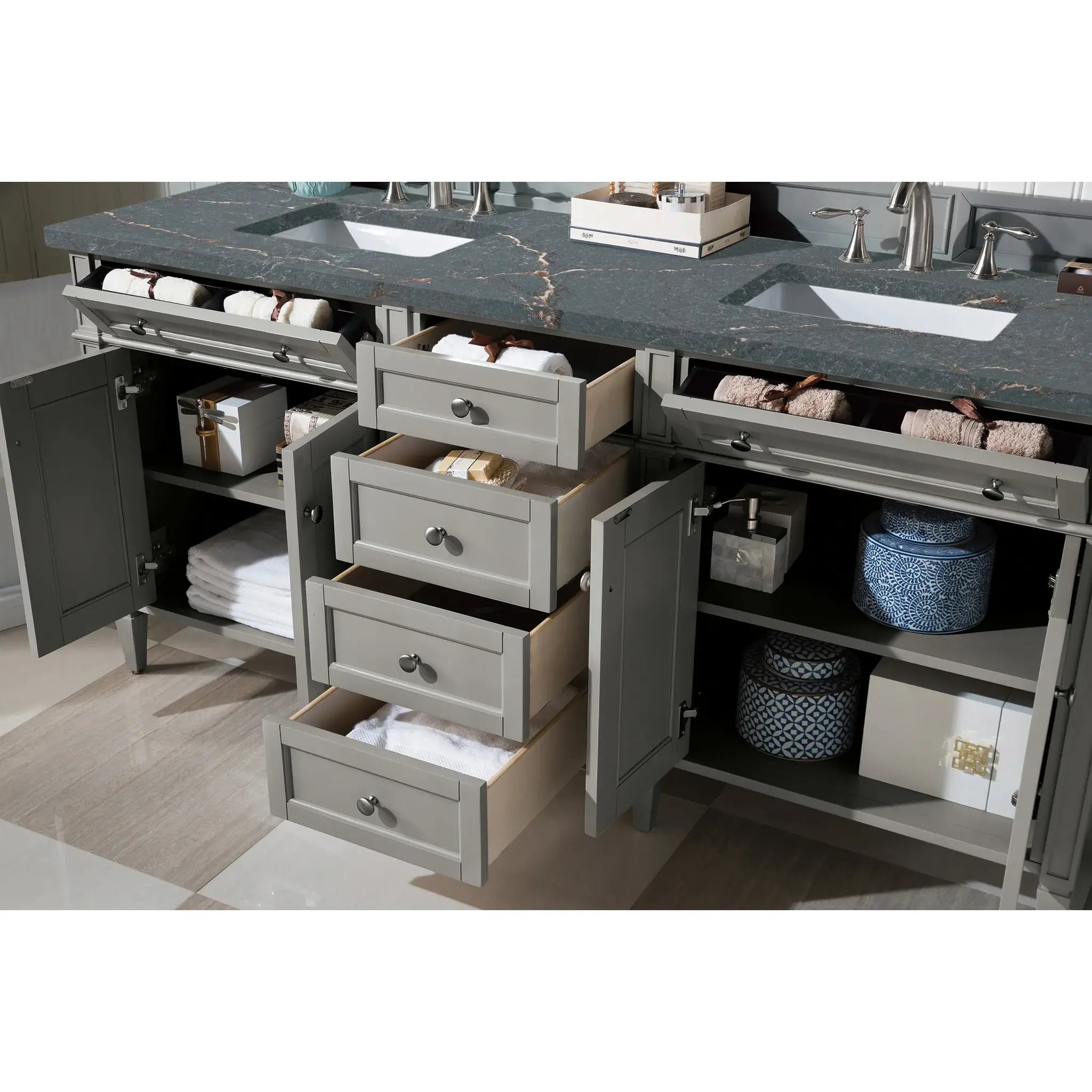 Brittany 72" Double Vanity in Urban Gray w/FreePower Wireless Charger-Parisien Bleu Silestone-8" Widespread image 6