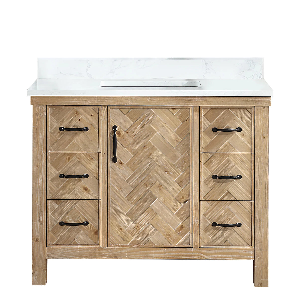 Spruce Antique Brown 42 inch single bathroom vanity, freestanding, front view with backsplash top and matte black pulls
