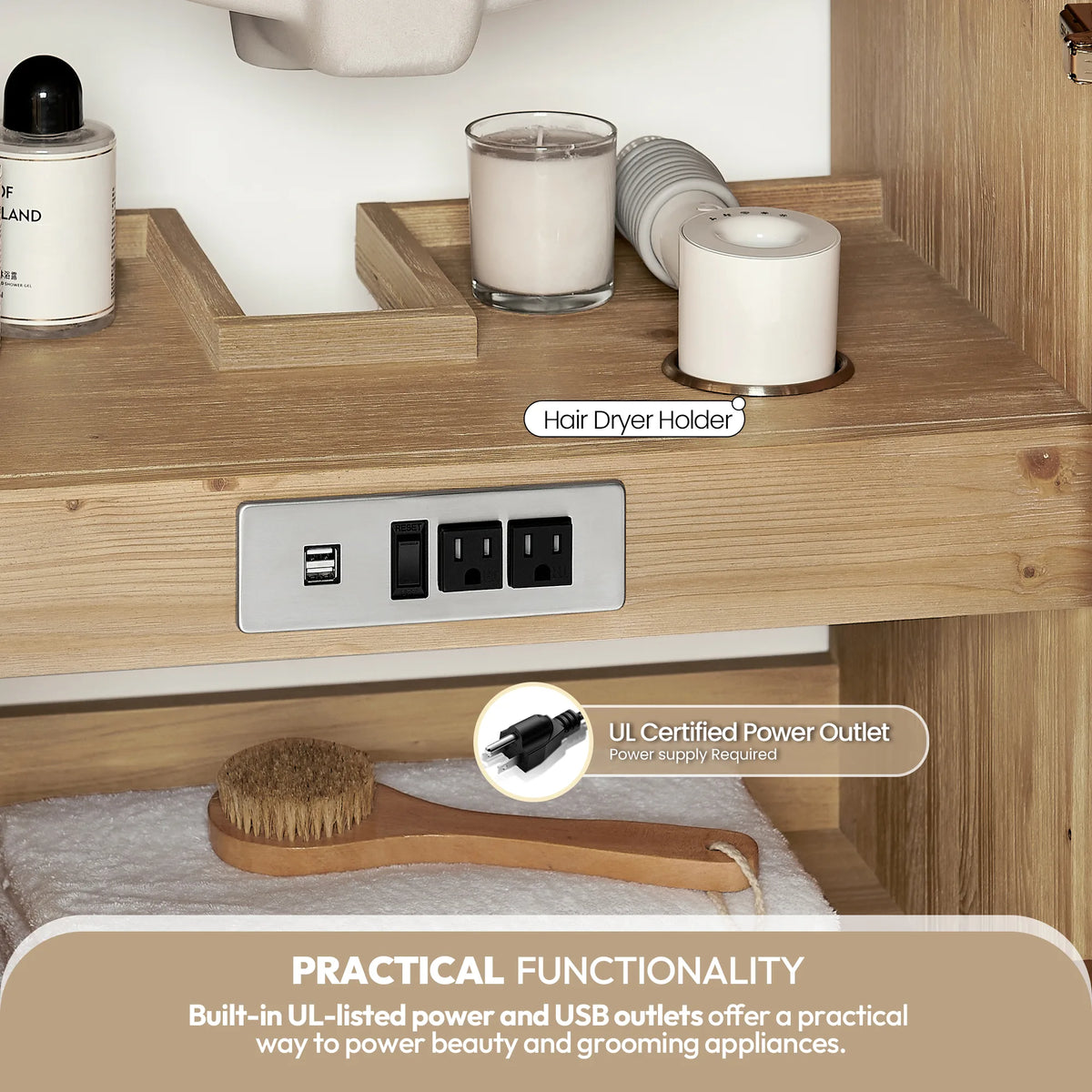 Built-in power outlet, USB ports and hair dryer holder inside a vanity drawer