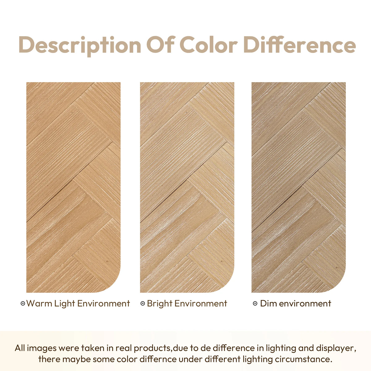 Finish sample panels of the hand-spliced wood front in warm, bright and dim light