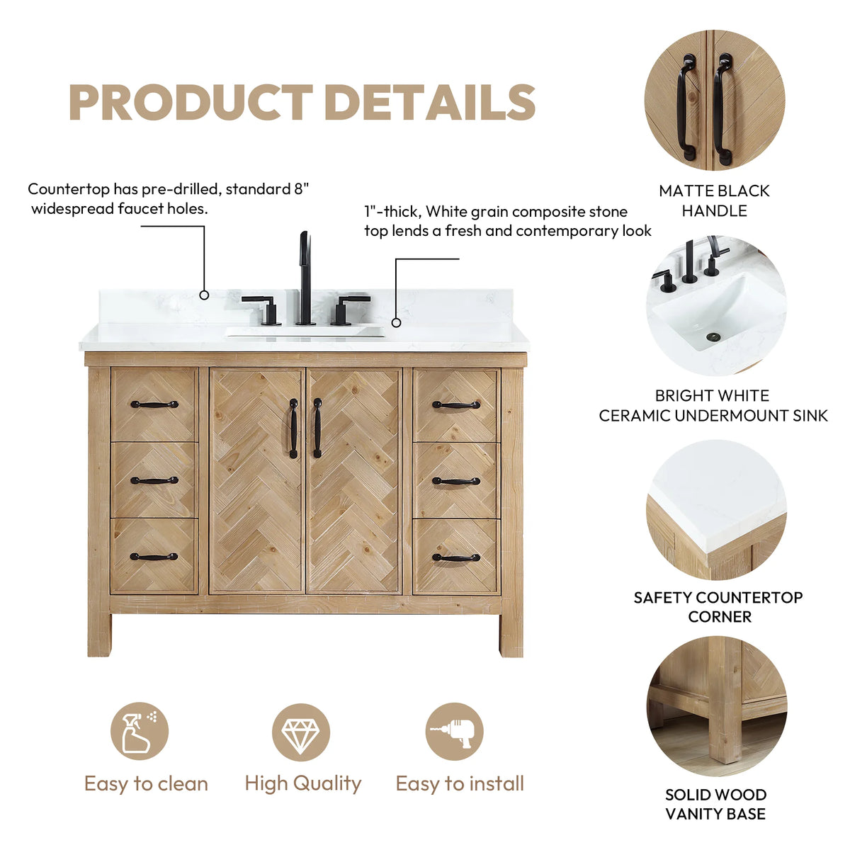 Feature diagram of the Spruce Antique Brown vanity: handle, sink, top corner and wood base labeled