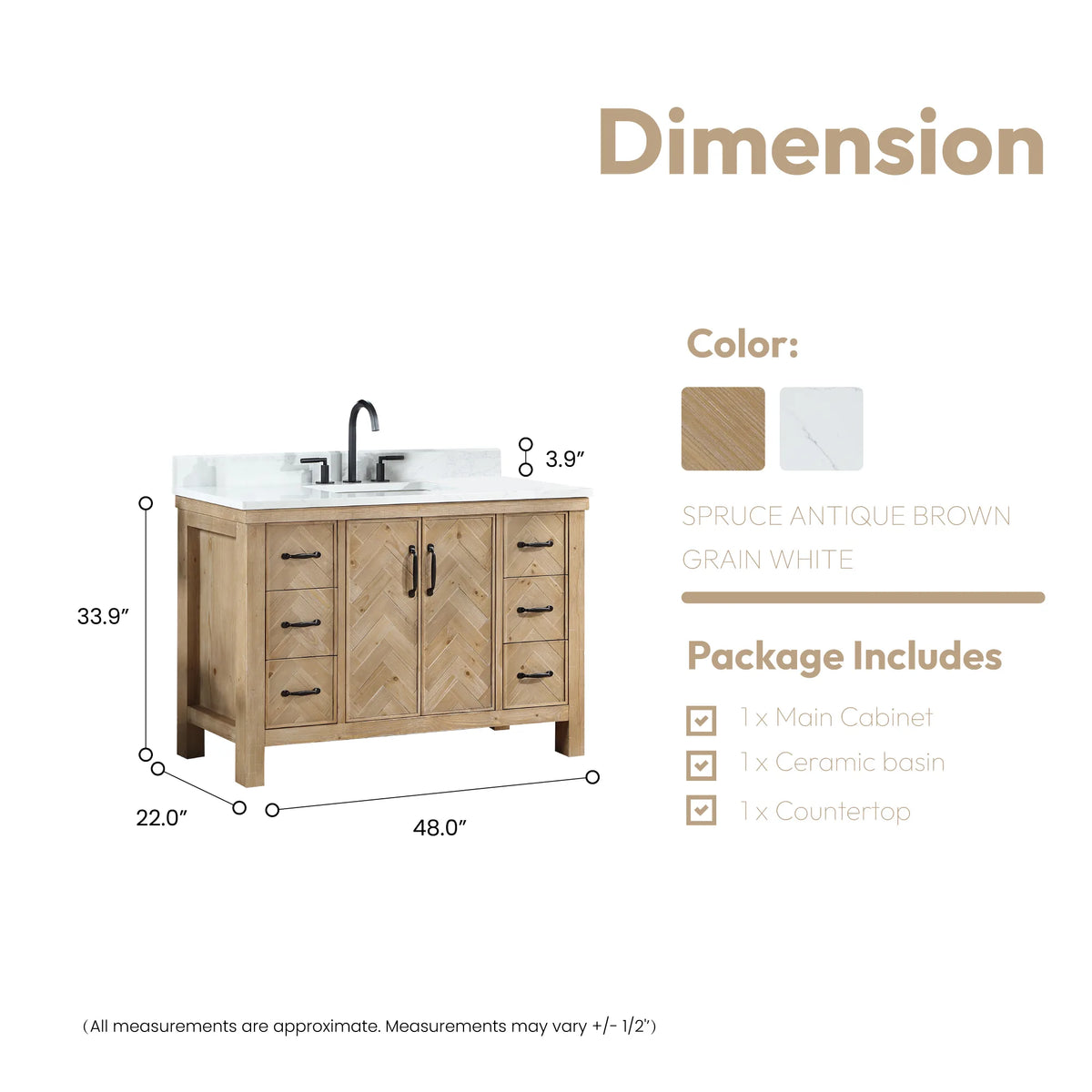 Size drawing for the single vanity: 48 inch width, 22 inch depth, 33.9 inch height