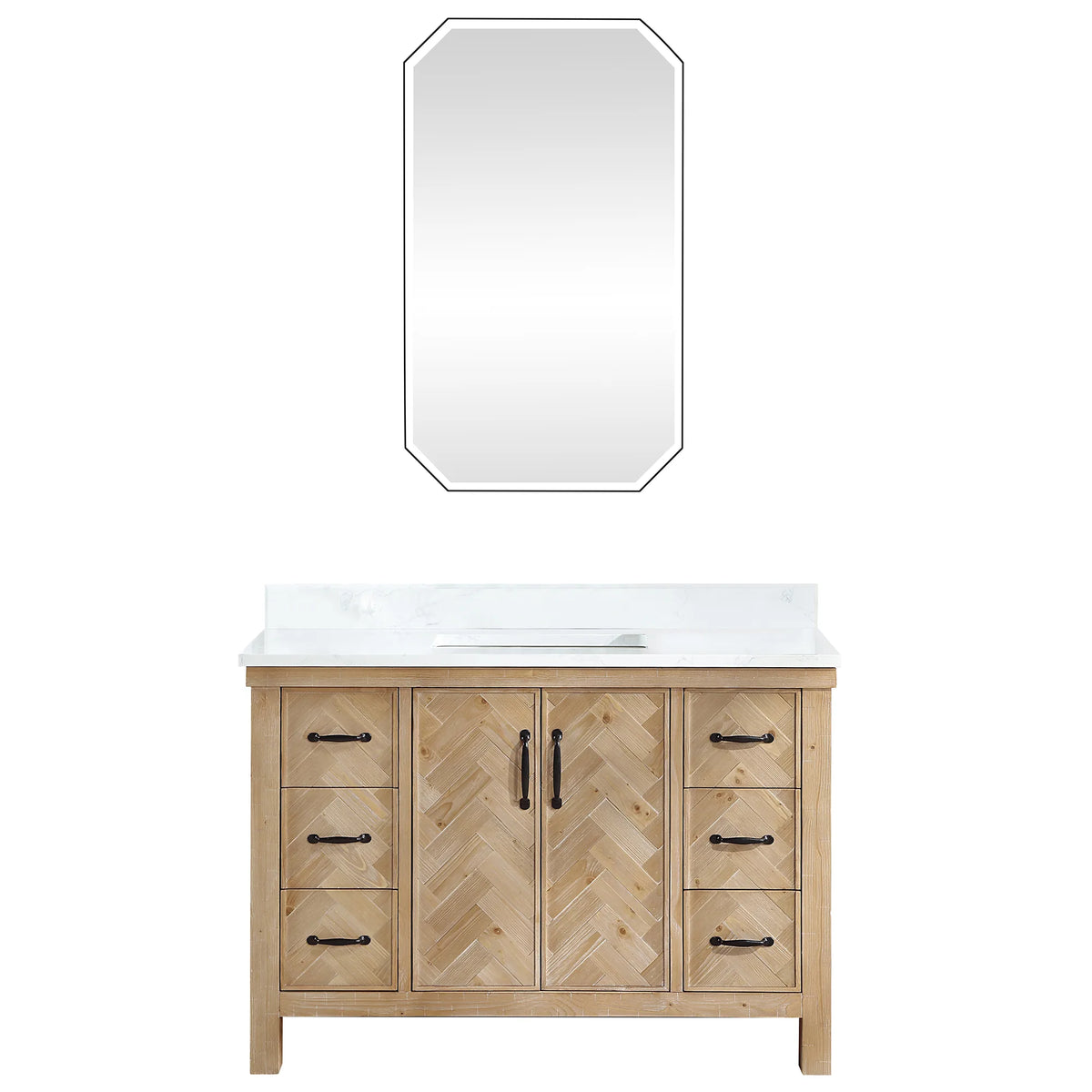 Single vanity displayed with its octagon mirror hung above the top, white background