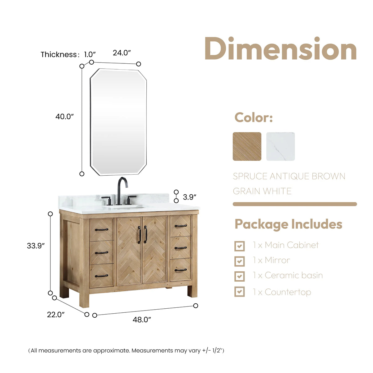 Measured layout of the vanity with its mirror, vanity 48 by 22 by 33.9 inches