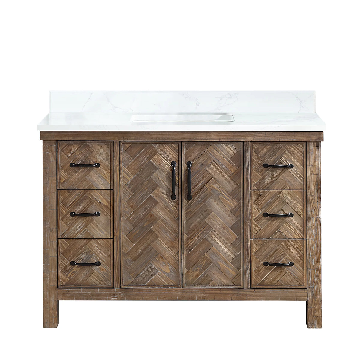 Spruce Antique Gray 48 inch single bathroom vanity, freestanding, front view with backsplash top and matte black pulls