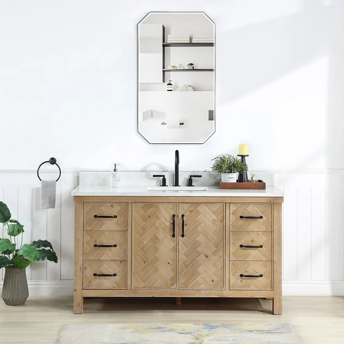 60 inch wood vanity with a white top in a bright tiled bathroom, octagon mirror on the wall