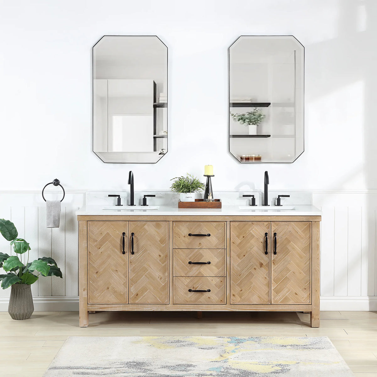 72 inch double wood vanity with a white top in a bright tiled bathroom, two octagon mirrors on the wall
