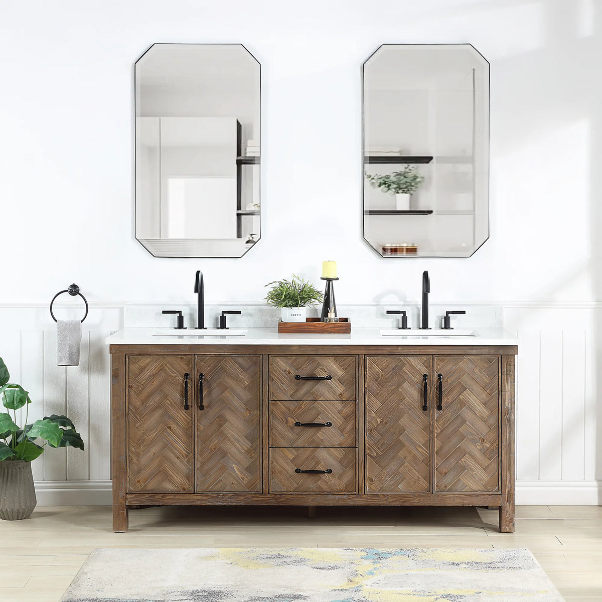 72 inch Spruce Antique Gray double vanity with a white top in a bright tiled bathroom, two octagon mirrors on the wall