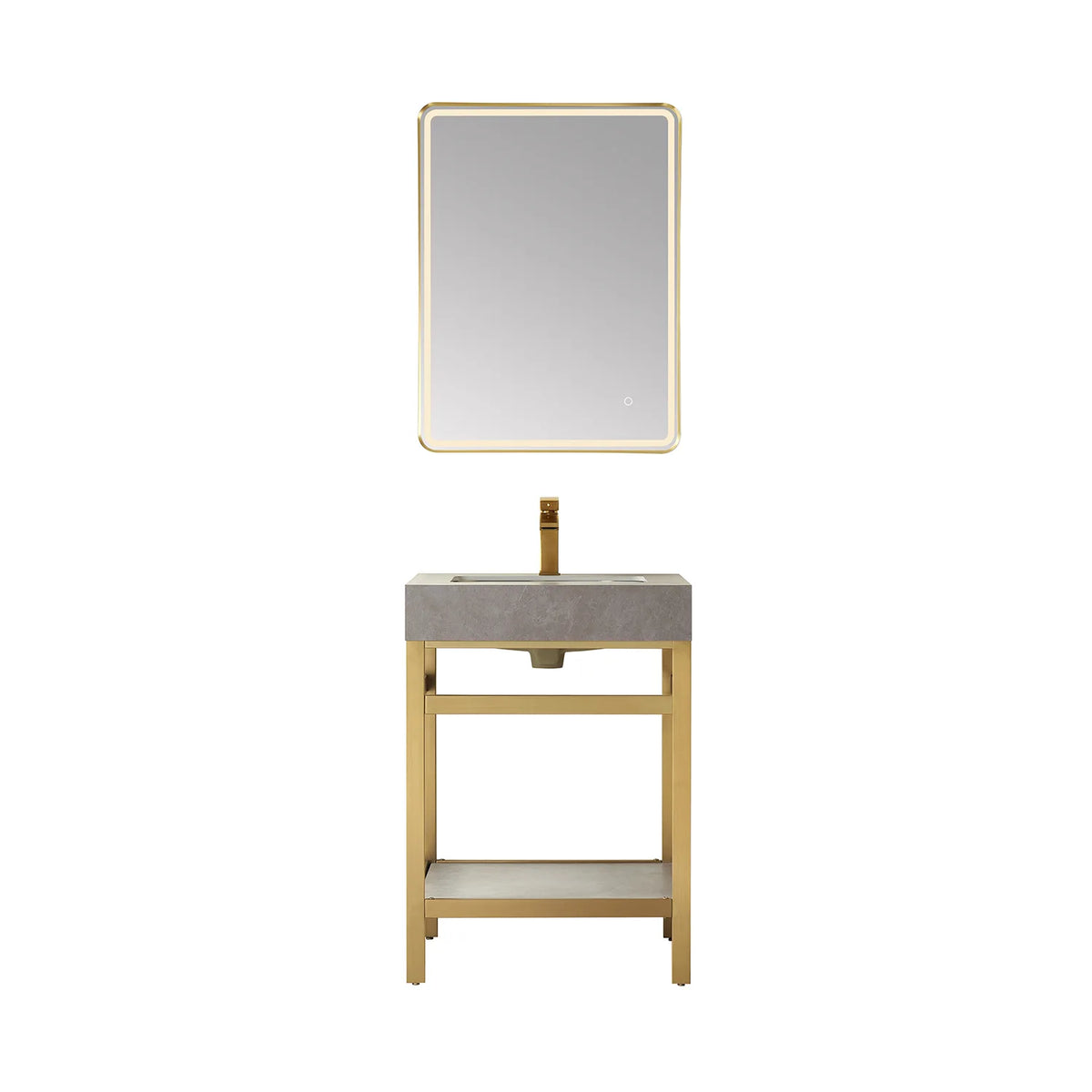 24-inch Brushed Gold vanity paired with a rectangular LED mirror, Grey Sintered Stone top and open shelf