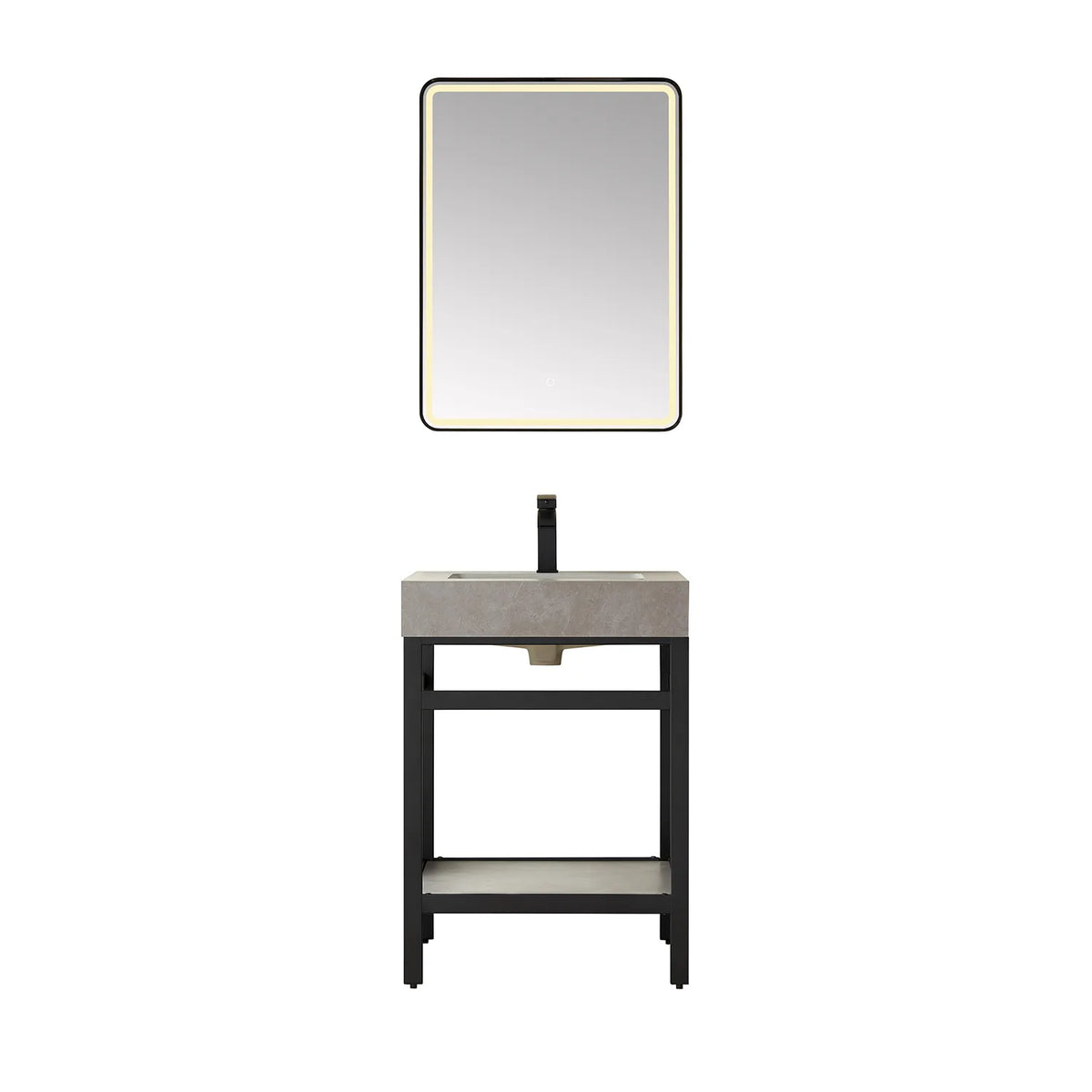 24-inch Matte Black vanity paired with a rectangular LED mirror, Grey Sintered Stone top and open shelf