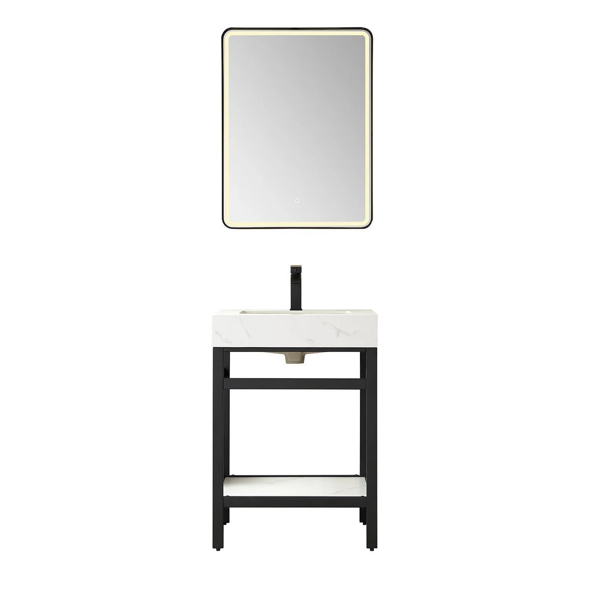 24-inch Matte Black vanity paired with a rectangular LED mirror, White Sintered Stone top and open shelf