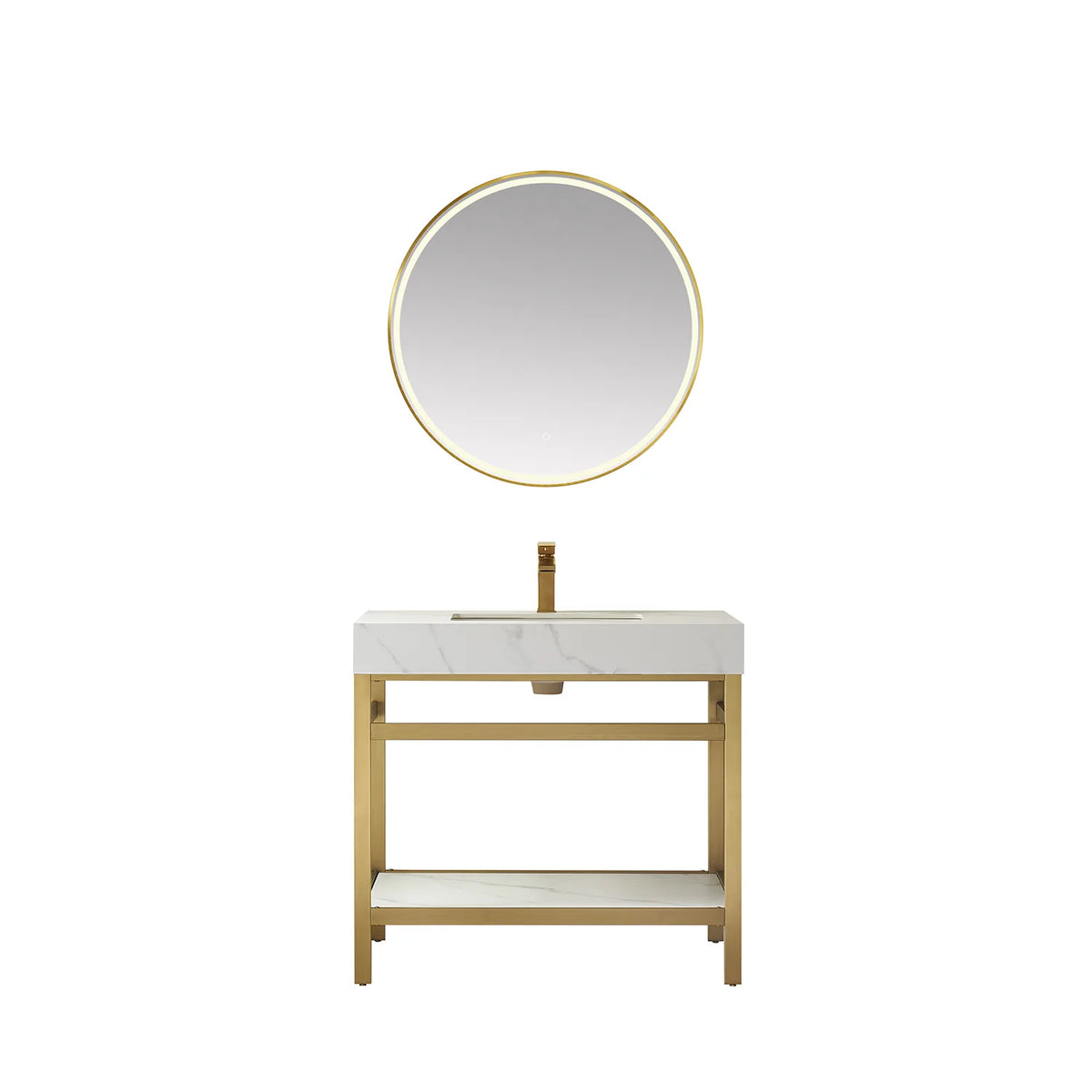 36-inch Brushed Gold vanity paired with a circular LED mirror, White Sintered Stone top and open shelf