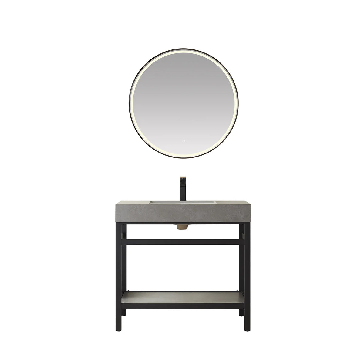 36-inch Matte Black vanity paired with a circular LED mirror, Grey Sintered Stone top and open shelf