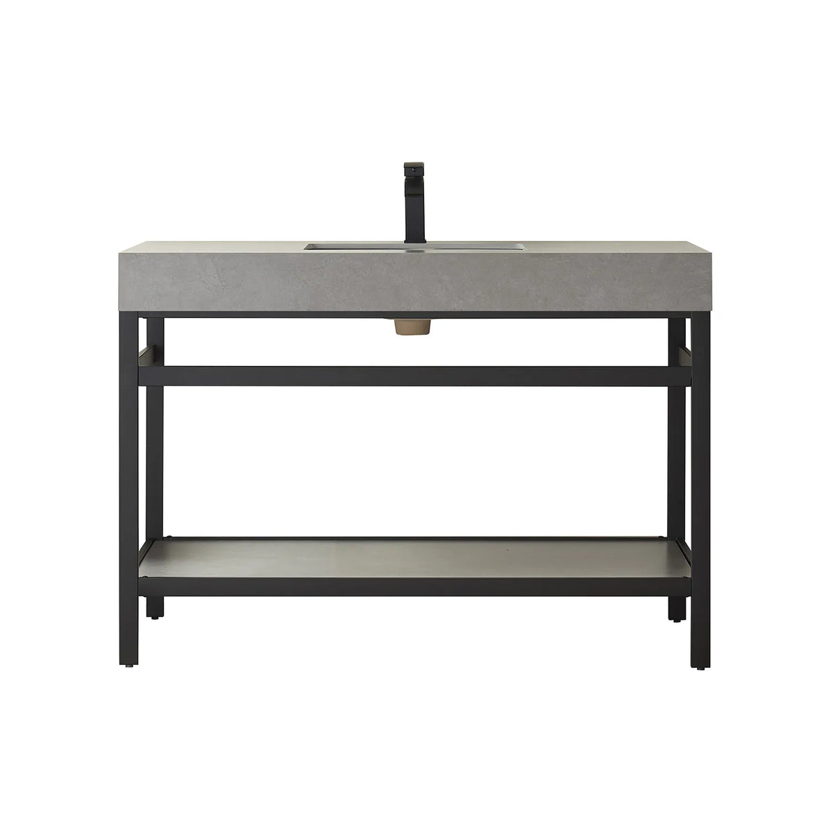 Freestanding 48-inch single sink bathroom vanity, Matte Black metal frame and Grey Sintered Stone top