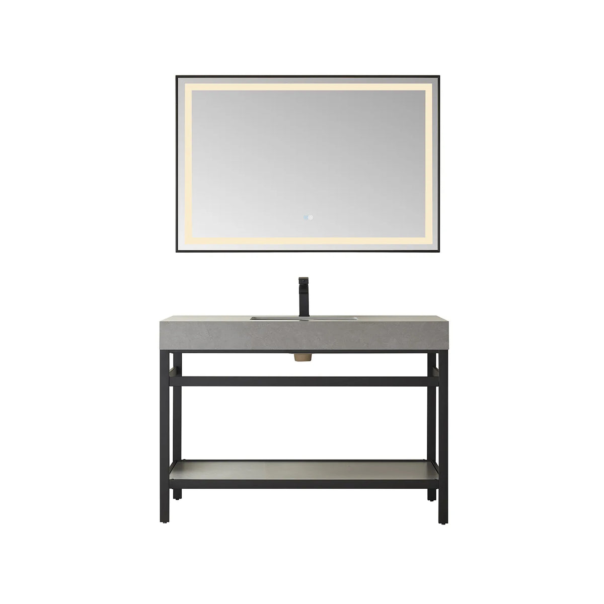 48-inch Matte Black vanity paired with a rectangular LED mirror, Grey Sintered Stone top and open shelf
