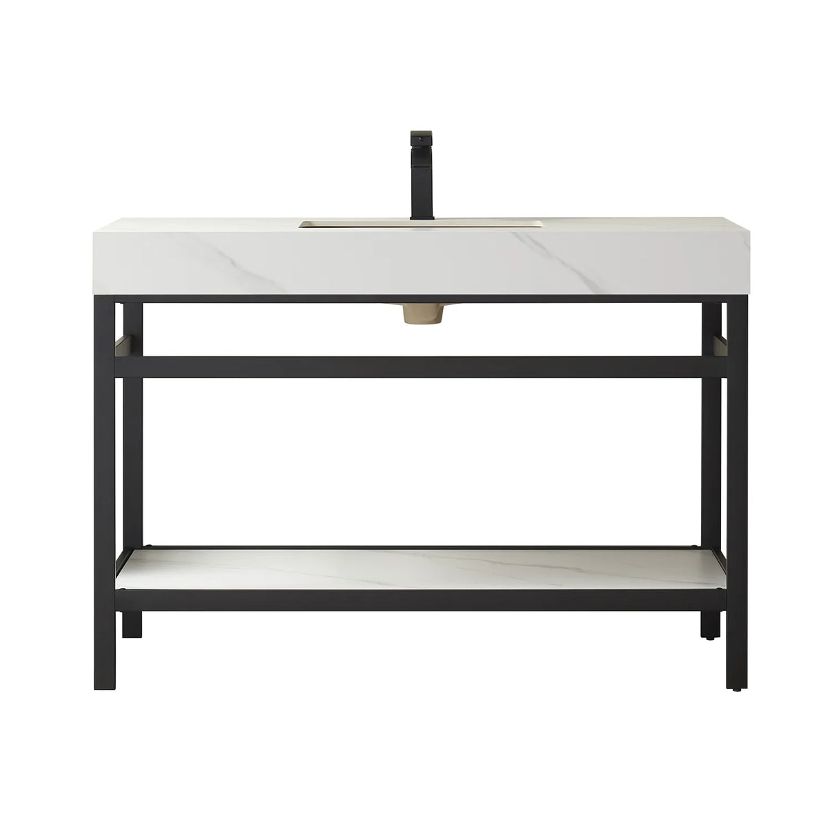 Freestanding 48-inch single sink bathroom vanity, Matte Black metal frame and White Sintered Stone top