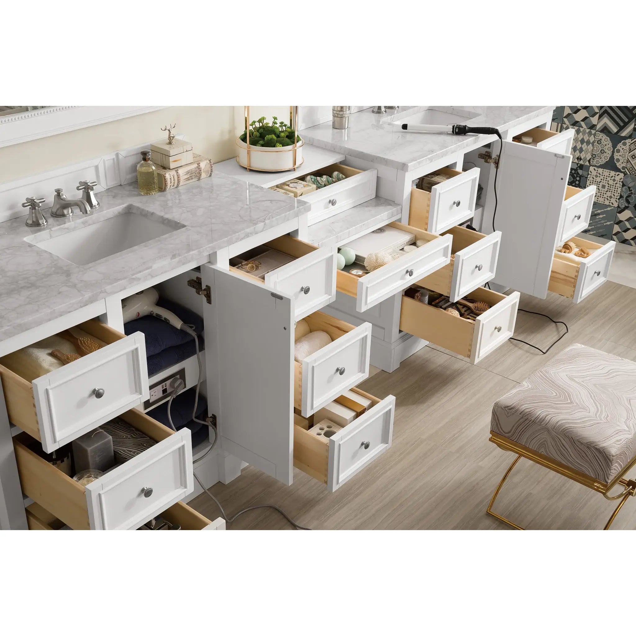 De Soto 118" Double Vanity Set in Bright White-Carrara White Marble image 7