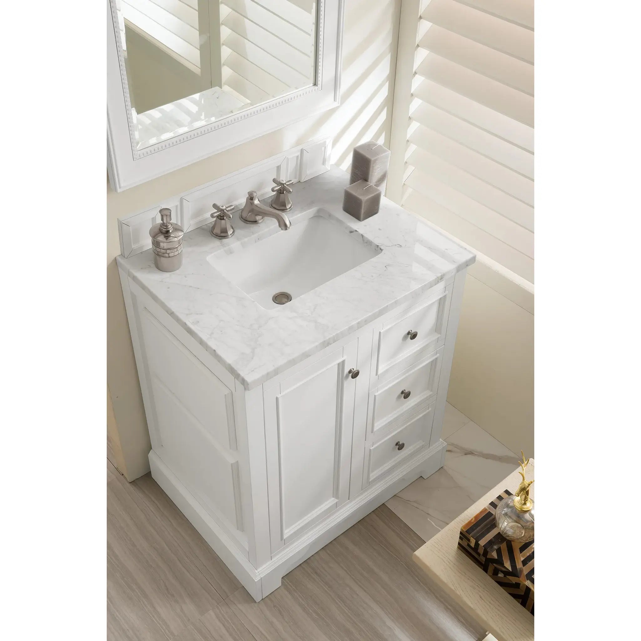De Soto 30" Single Vanity in Bright White-Carrara White Marble-8" Widespread image 2