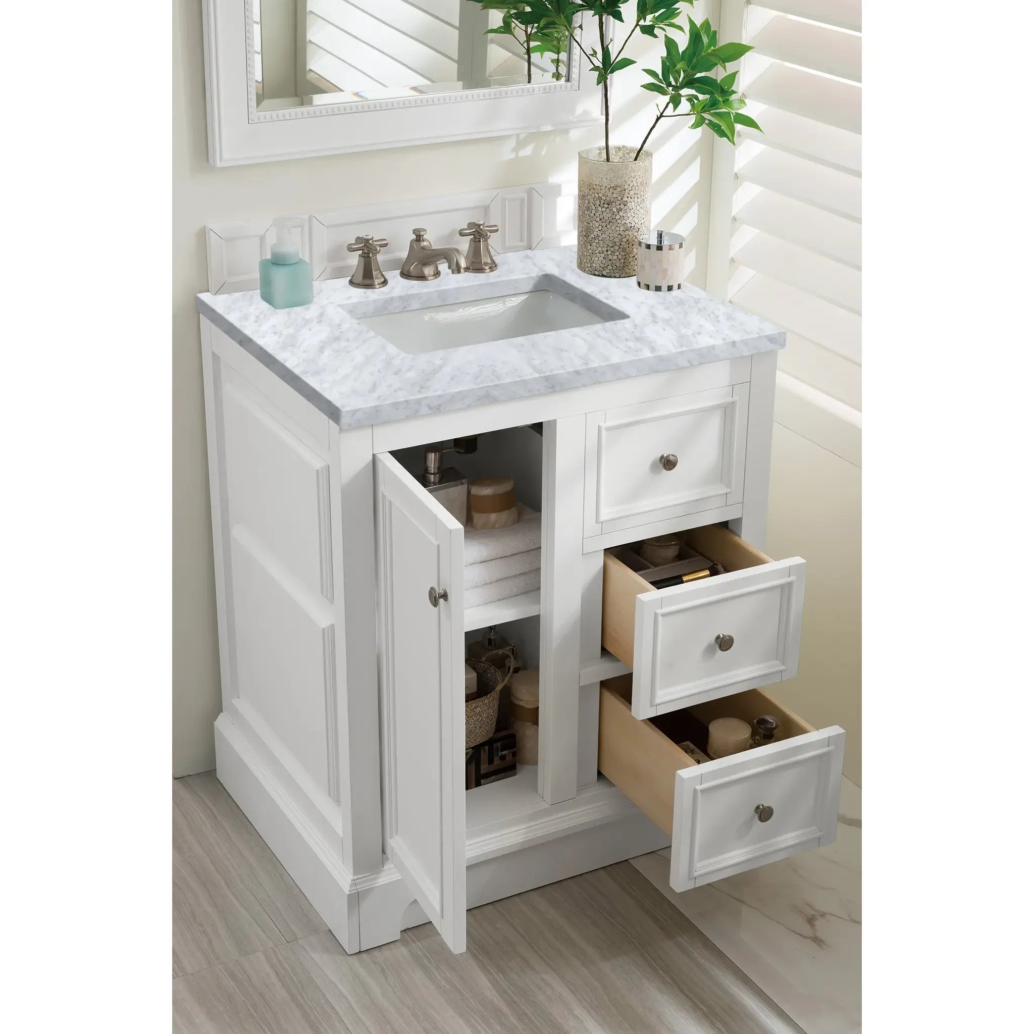 De Soto 30" Single Vanity in Bright White-Carrara White Marble-8" Widespread image 3