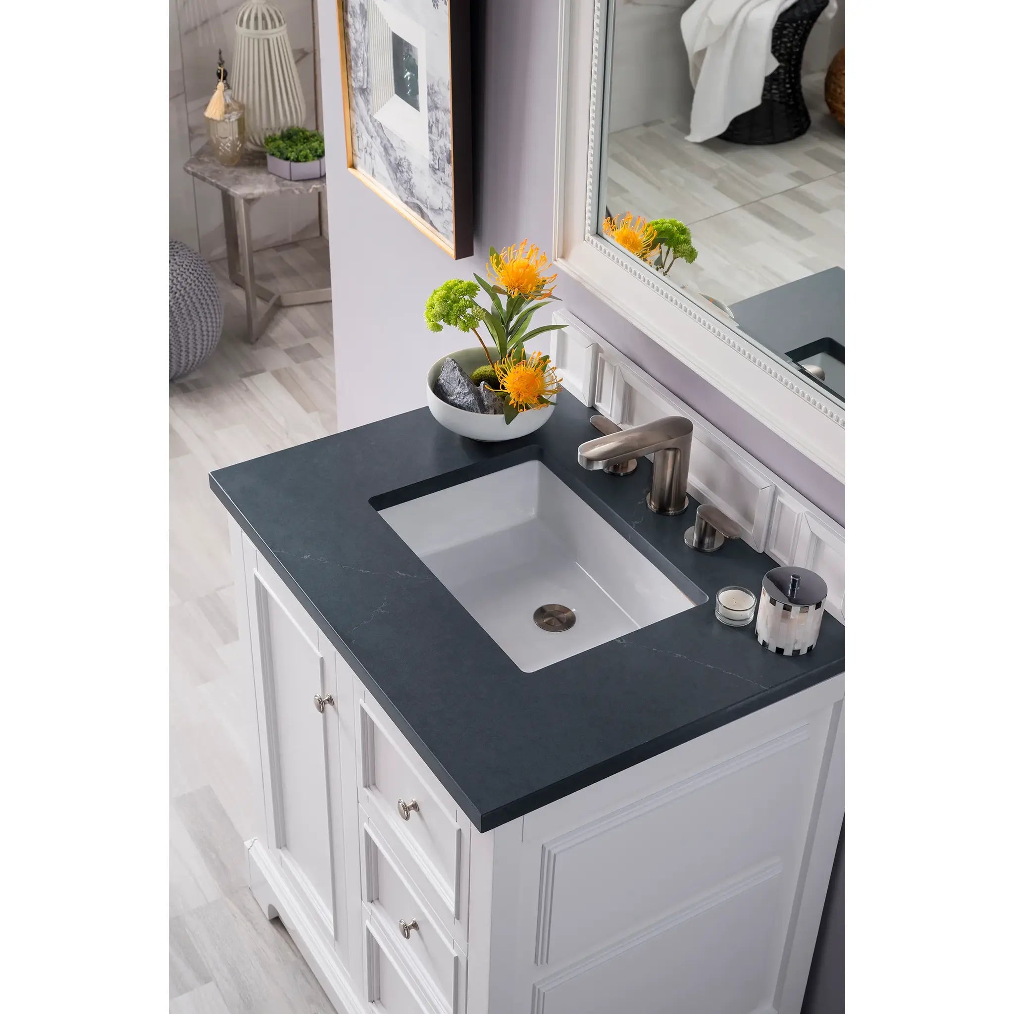 De Soto 30" Single Vanity in Bright White-Charcoal Soapstone Silestone-8" Widespread image 2