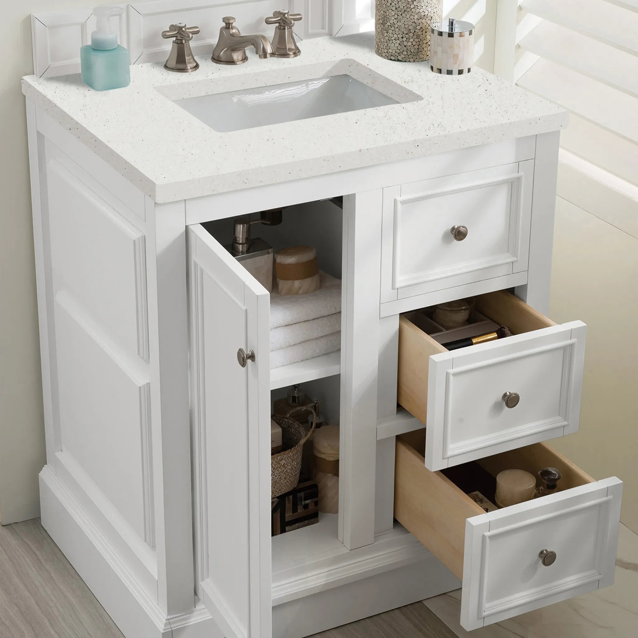 De Soto 30" Single Vanity in Bright White-Lime Delight Silestone-8" Widespread image 3