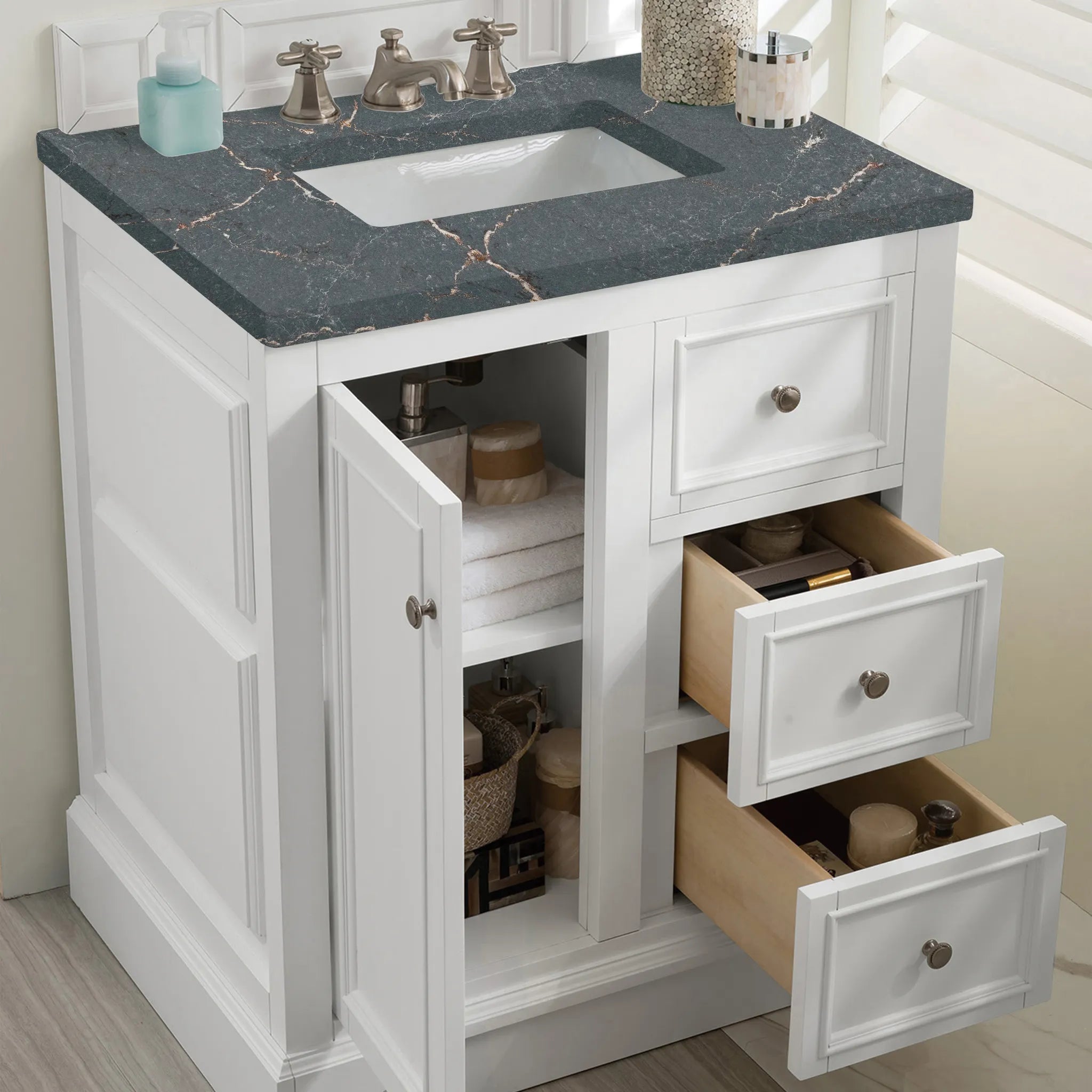 De Soto 30" Single Vanity in Bright White-Parisien Bleu Silestone-8" Widespread image 3