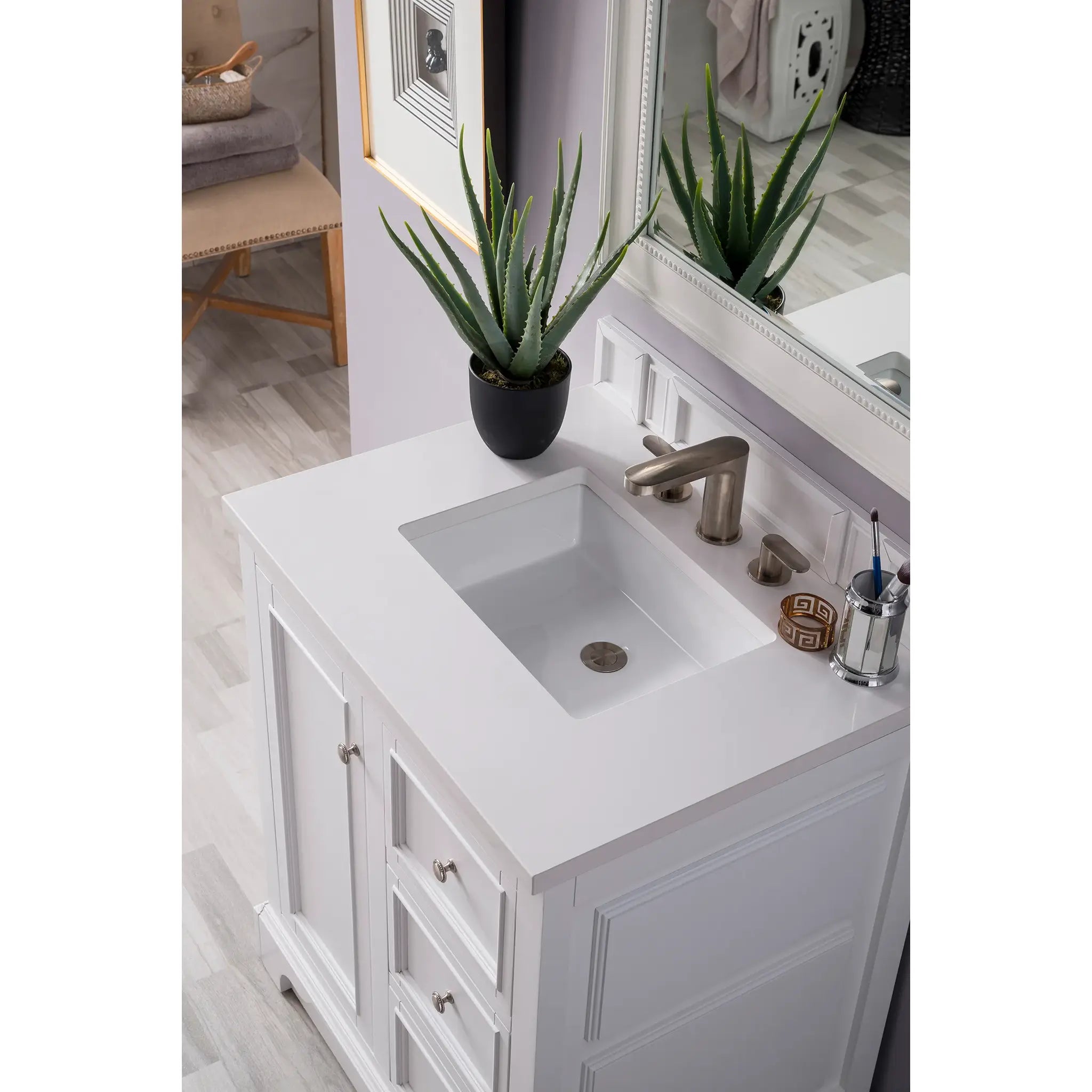 De Soto 30" Single Vanity in Bright White-White Zeus Silestone-8" Widespread image 2