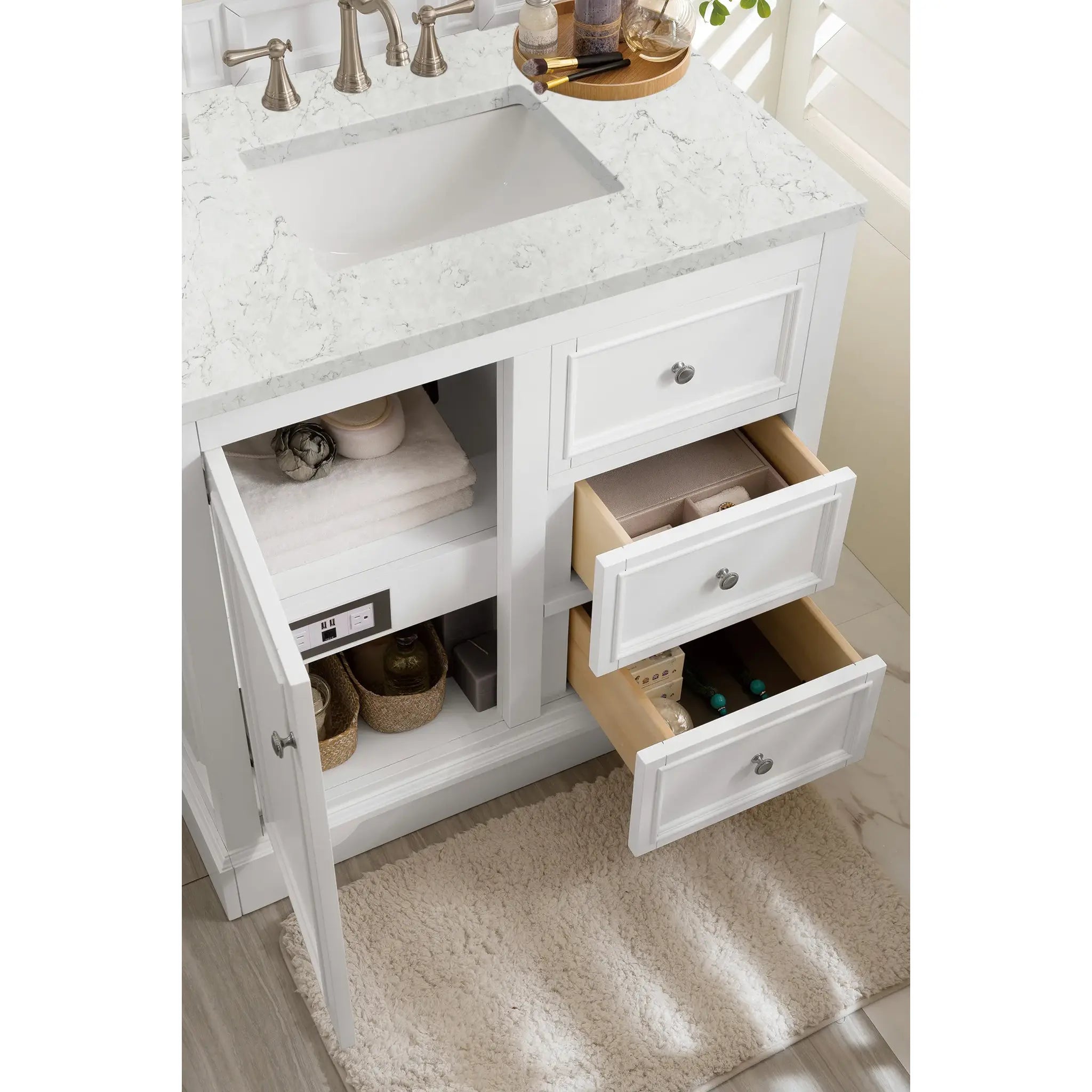 De Soto 36" Single Vanity in Bright White-Eternal Jasmine Pearl Silestone-8" Widespread image 3