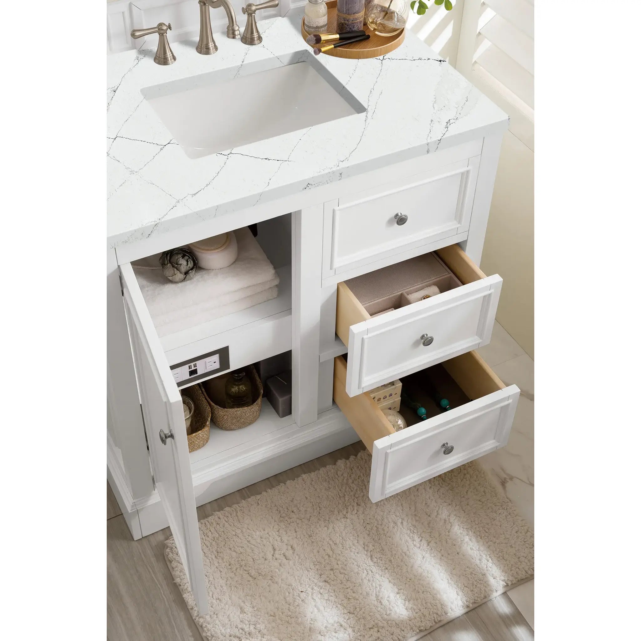 De Soto 36" Single Vanity in Bright White-Ethereal Noctis Silestone-8" Widespread image 3