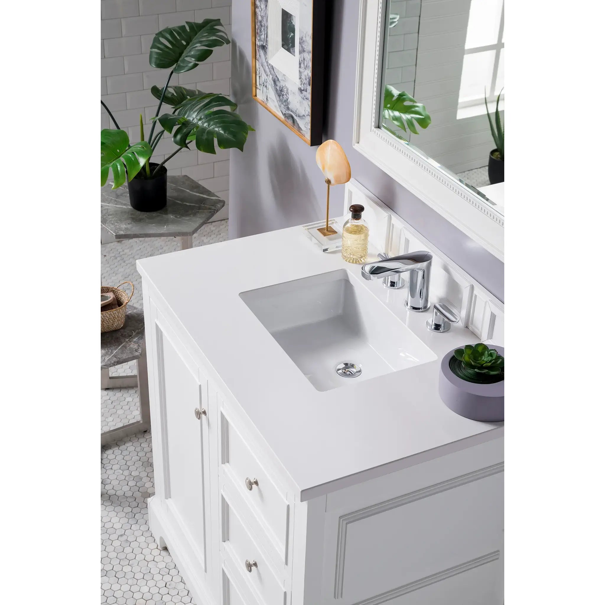 De Soto 36" Single Vanity in Bright White-White Zeus Silestone-8" Widespread image 2