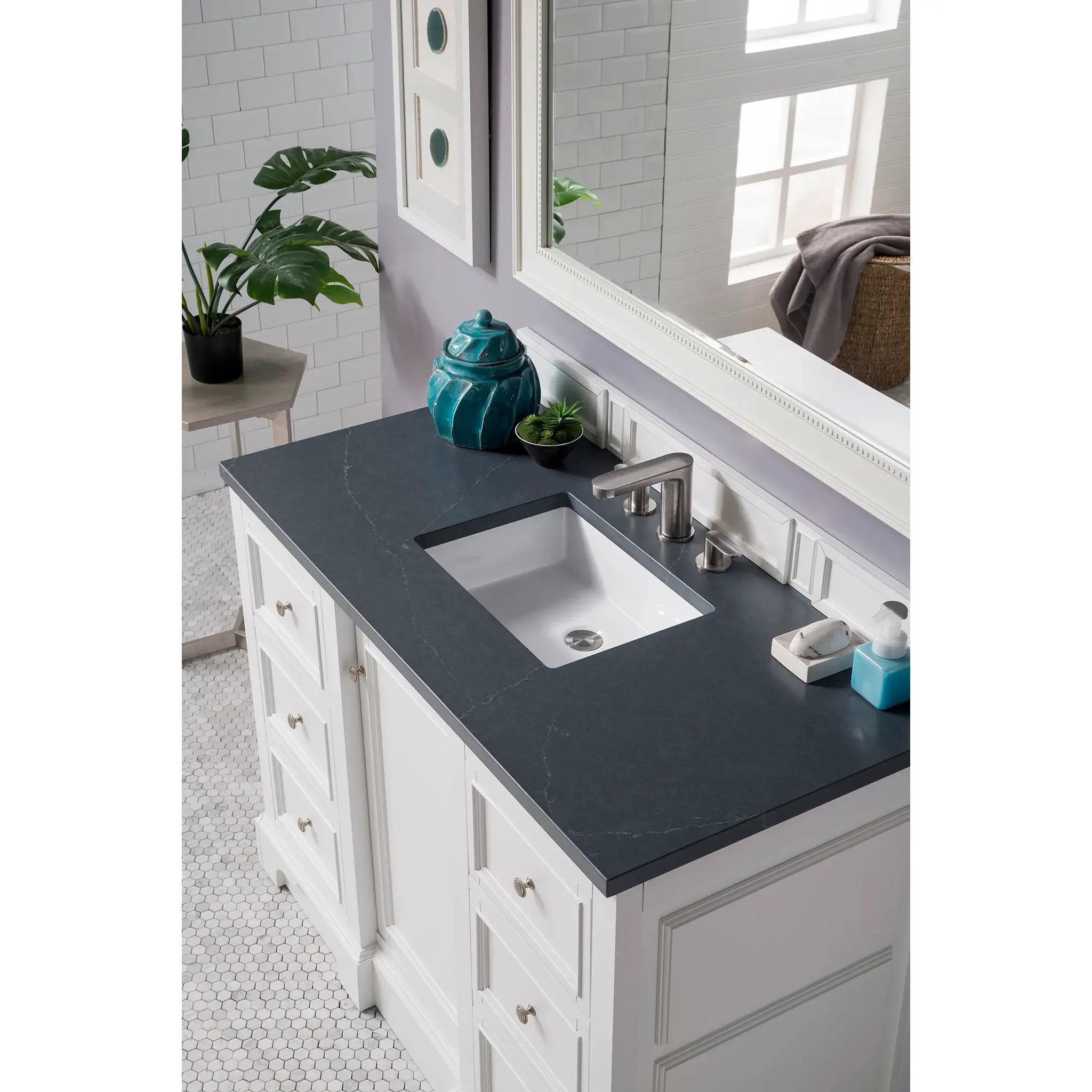 De Soto 48" Single Vanity in Bright White-Charcoal Soapstone Silestone-8" Widespread image 2